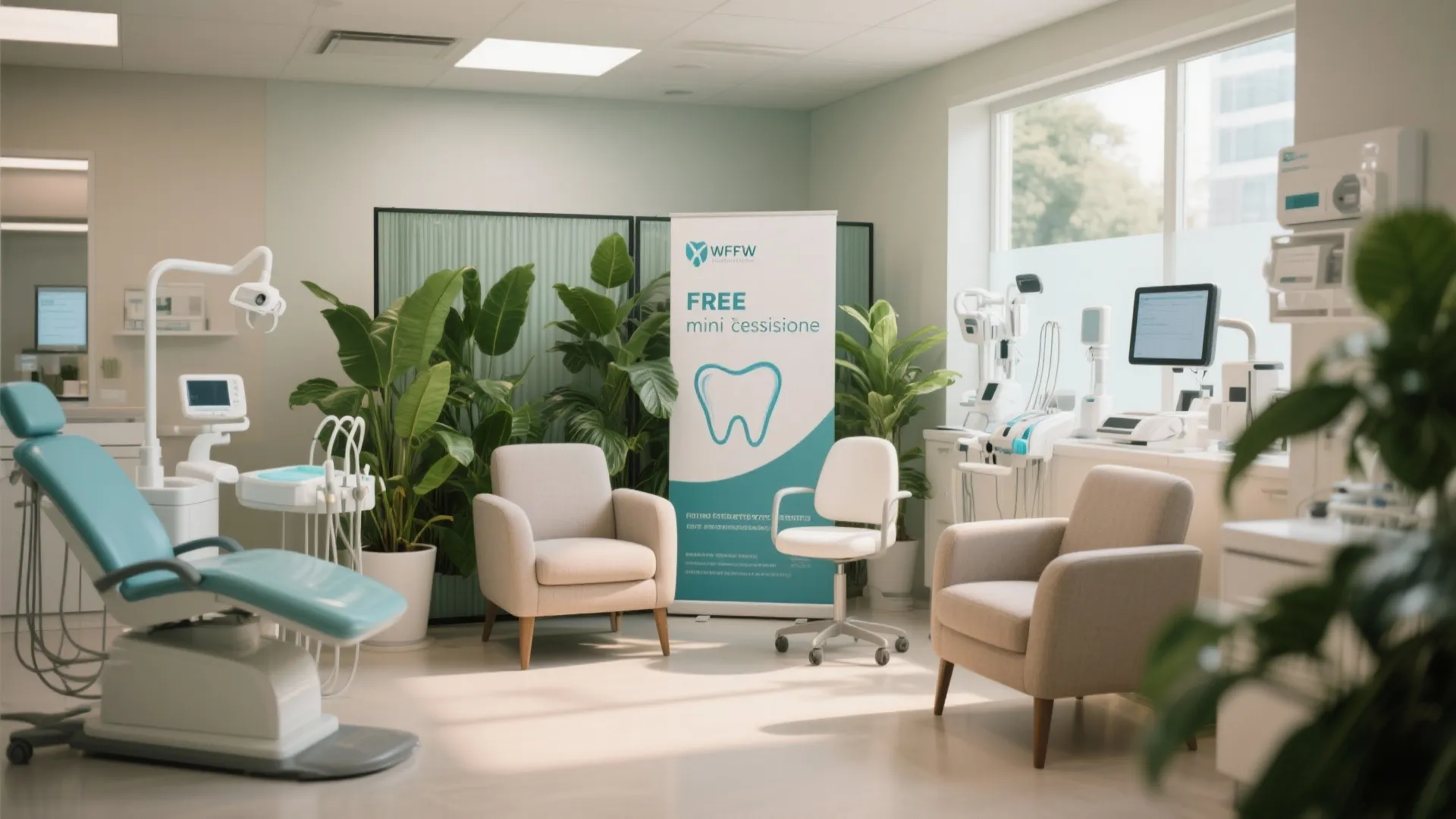 Dental office consultation corner featuring blue medical chair beige armchairs green plants and medical equipment