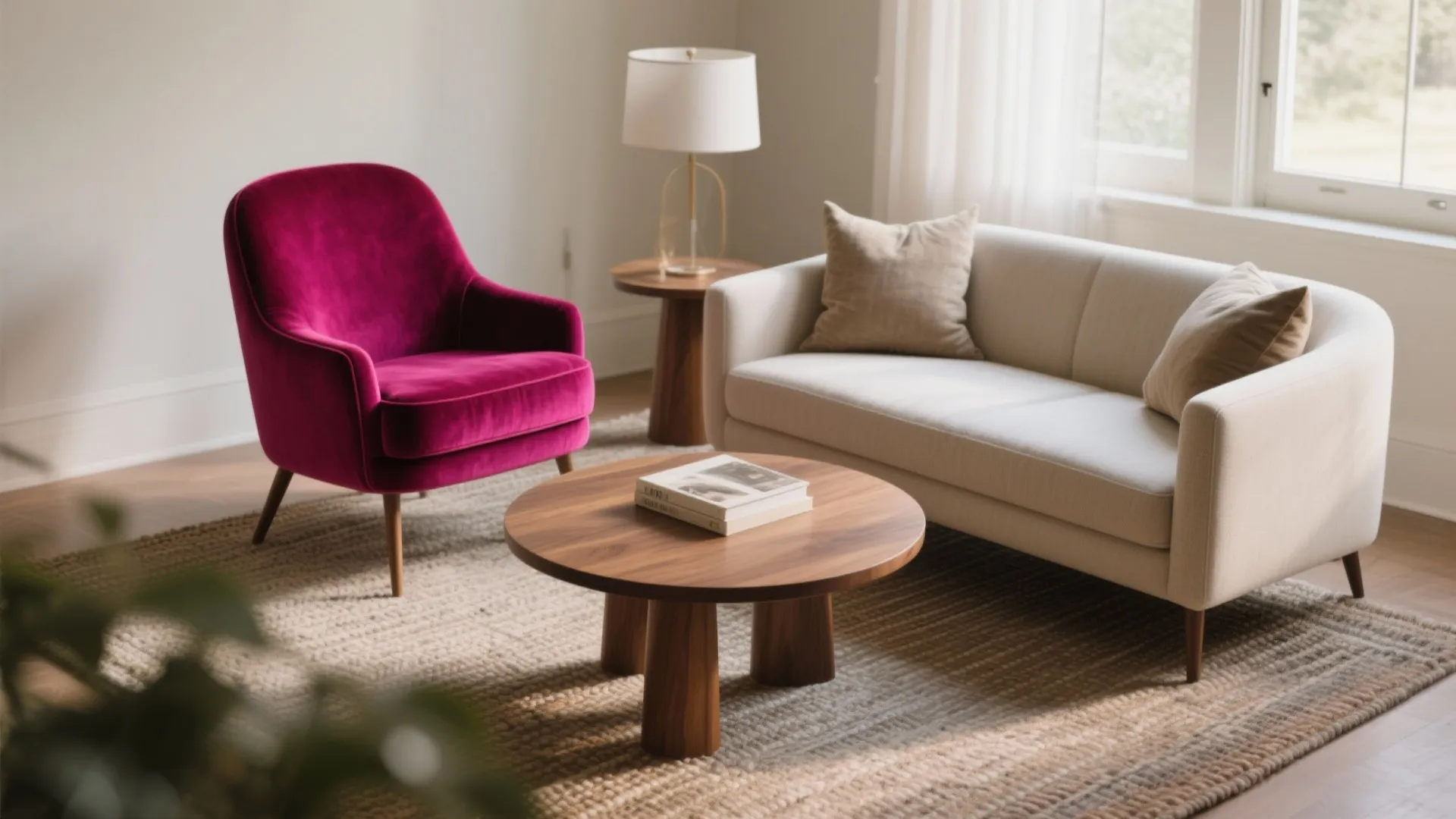 Small seating area featuring a magenta velvet chair white sofa wooden table and floor rug