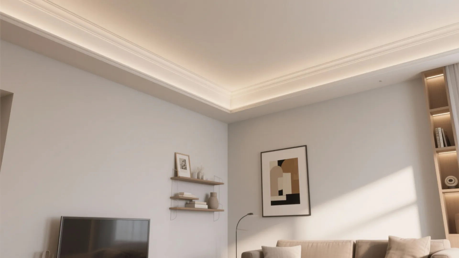 Modern living room featuring a glowing ceiling light strip along white wall panels and minimalist furniture