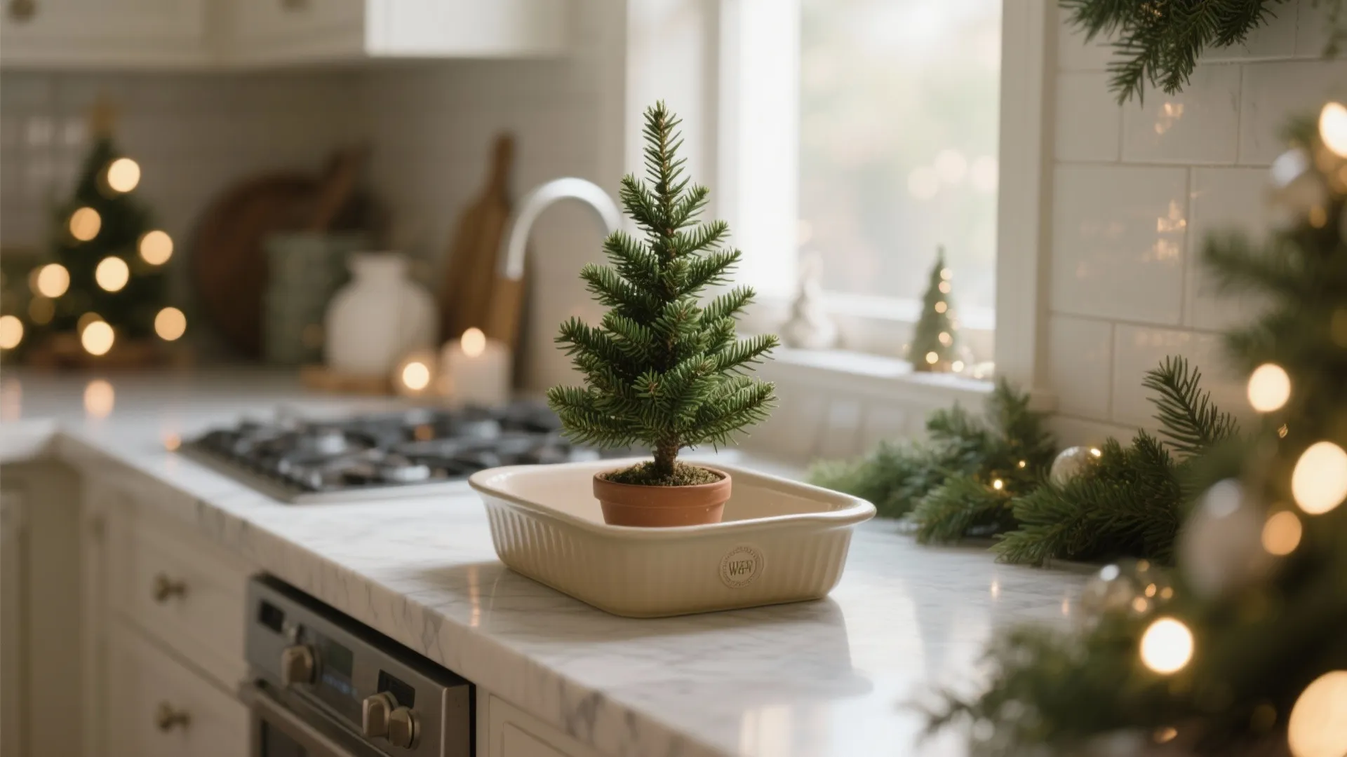 Small green Christmas tree in a pot on a white marble kitchen counter with lights