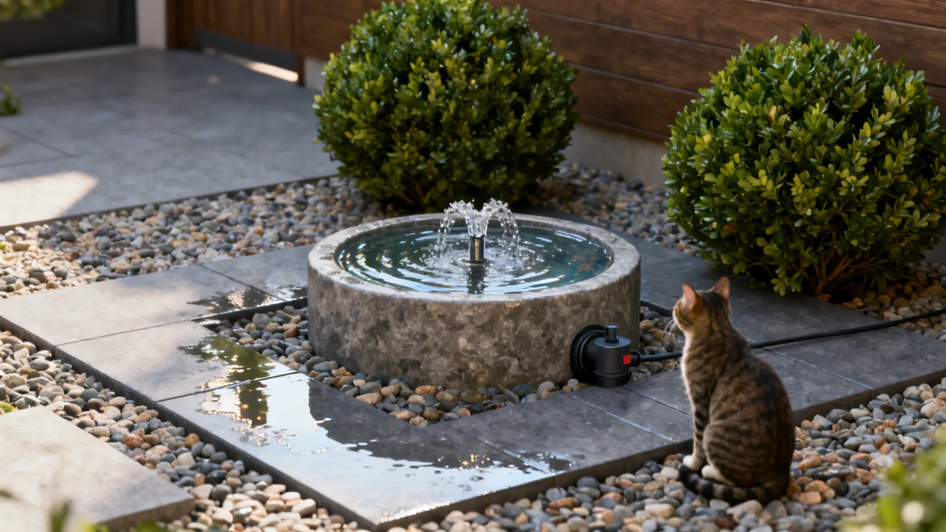 Compact courtyard with a small bubbler water feature, accent gravel and statement shrubs.