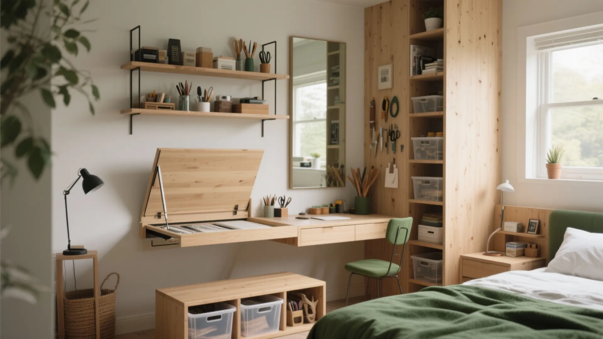 Modern craft room featuring wooden fold out desk shelves green chair and bright natural window light