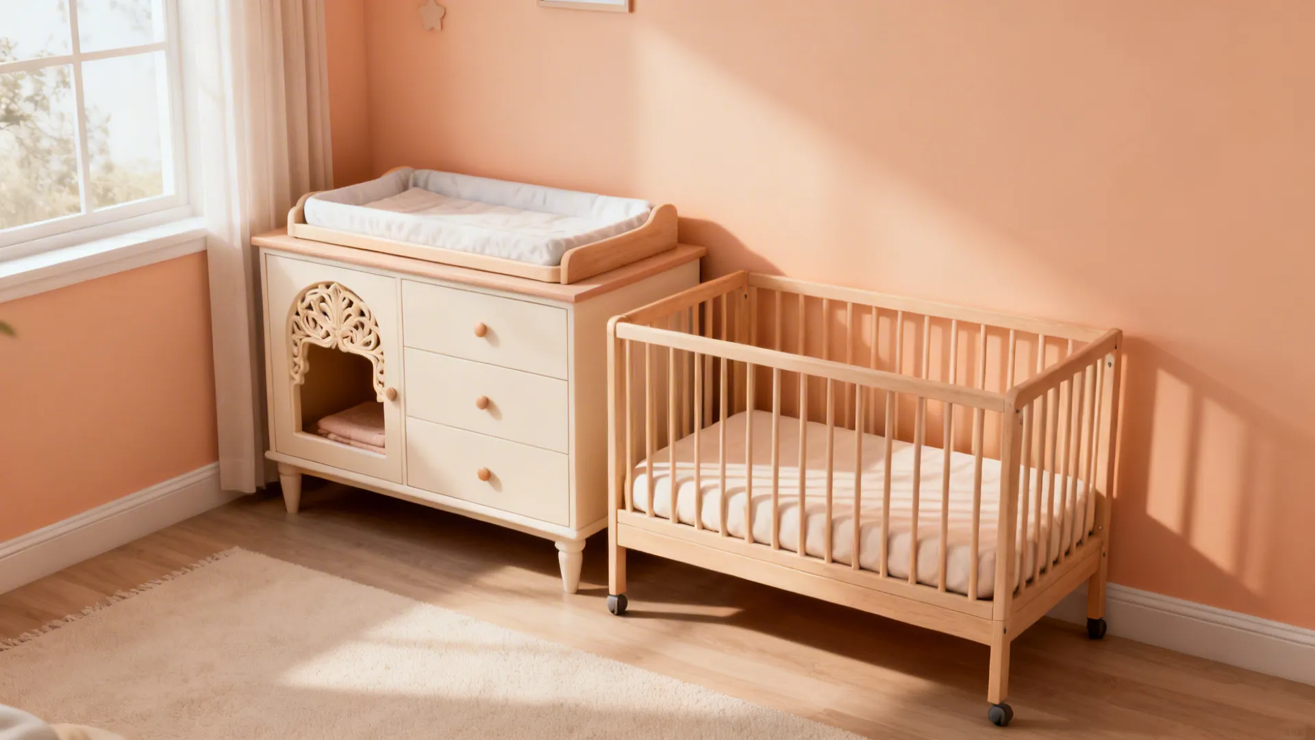 Convertible mini-crib next to a low dresser with a built-in changing nook