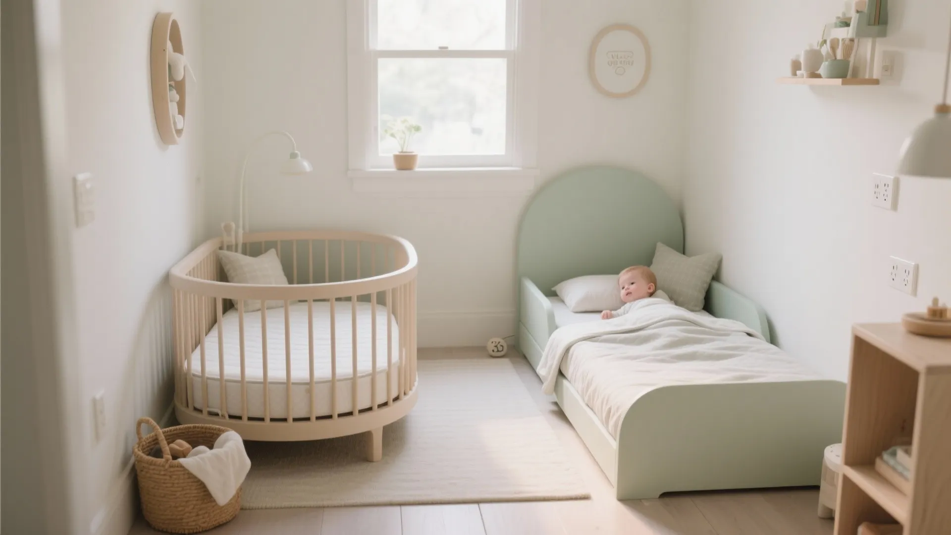 Mini crib paired with a toddler floor bed in a calm, flexible layout with a clear walkway.