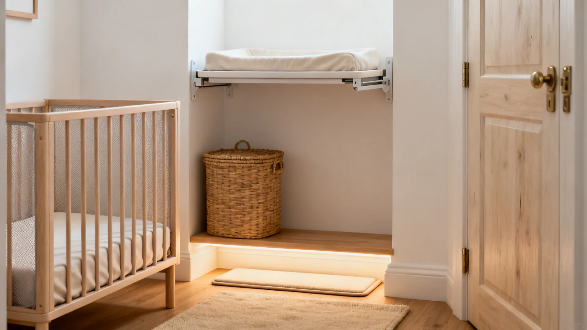Mini crib beside a fold-down wall-mounted changing table over a hamper in a bright small nursery.
