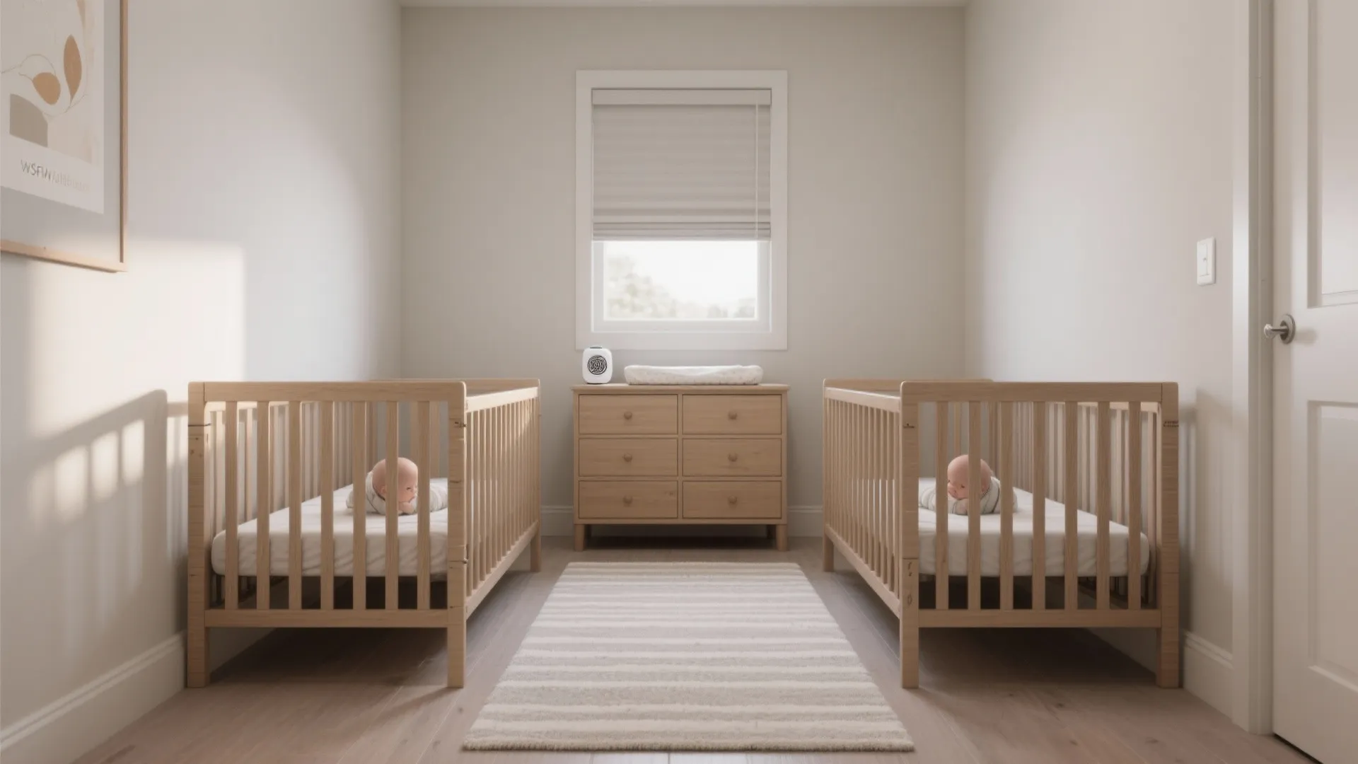 Side-by-Side Mini Cribs with a Shared Center Station