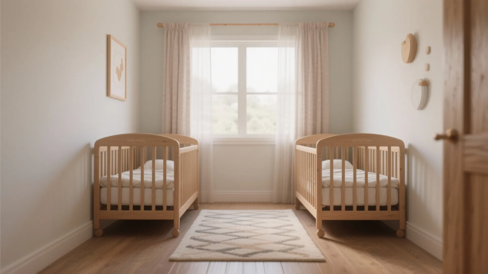 Symmetrical twin nursery with two wooden baby beds facing each other near a bright window