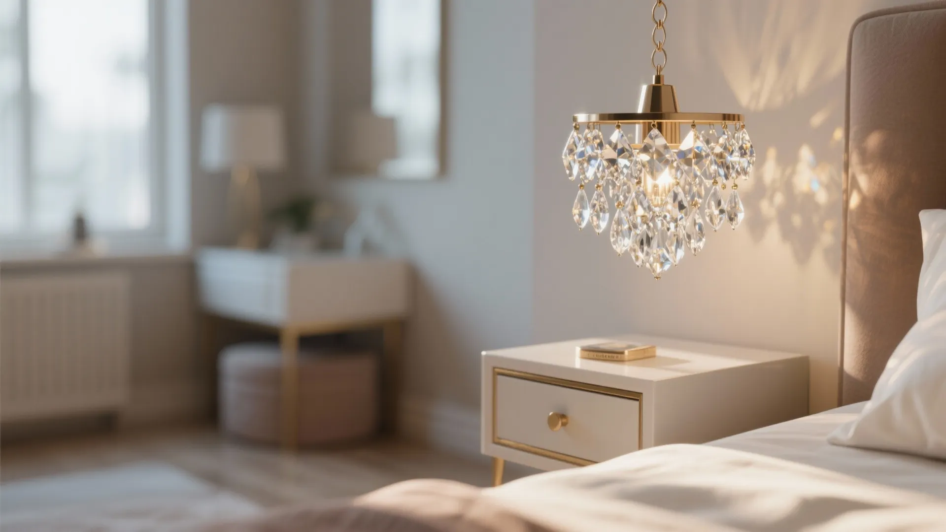 Small crystal chandelier above a bedside table adding sparkle to a compact room