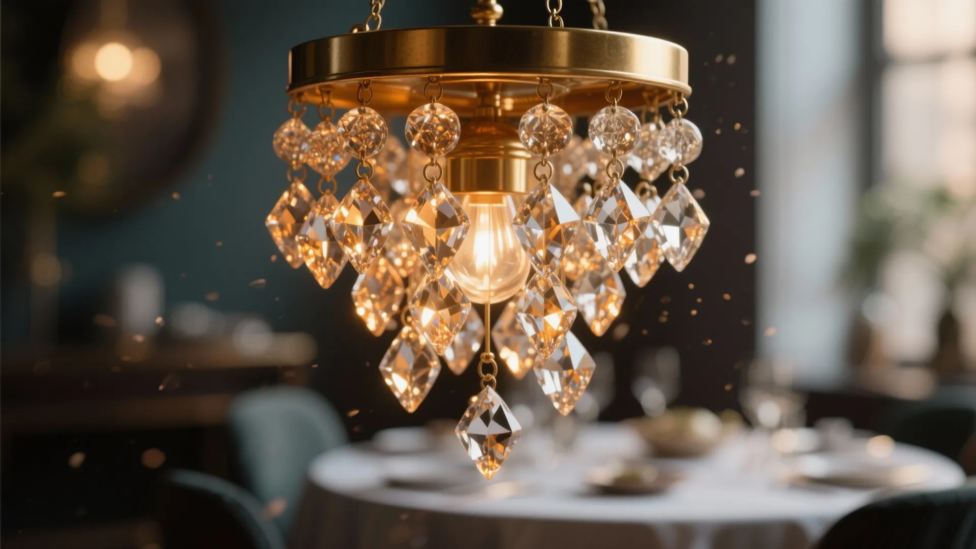 Macro close-up of a clustered mini crystal pendant chandelier with warm glints and soft bokeh.
