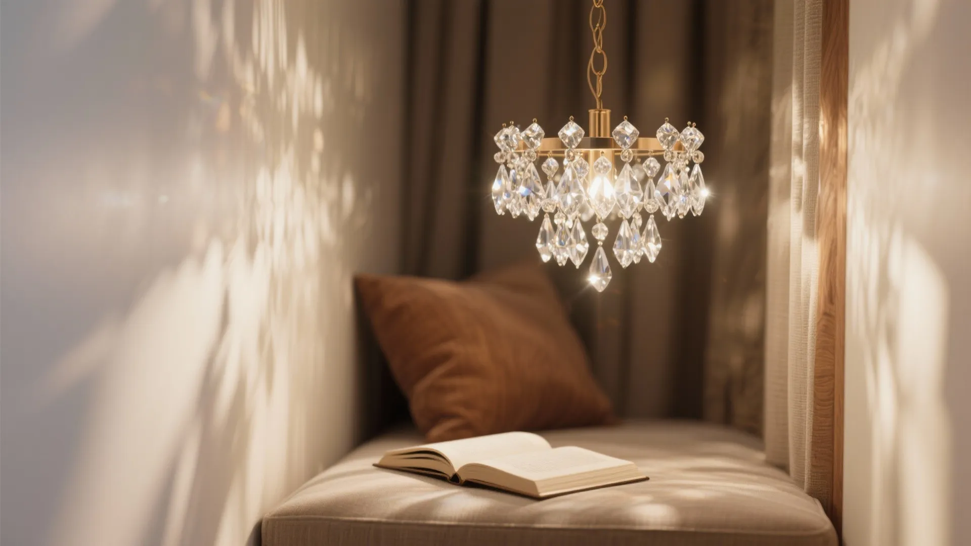 Close-up of a mini crystal cluster chandelier scattering light over a reading nook