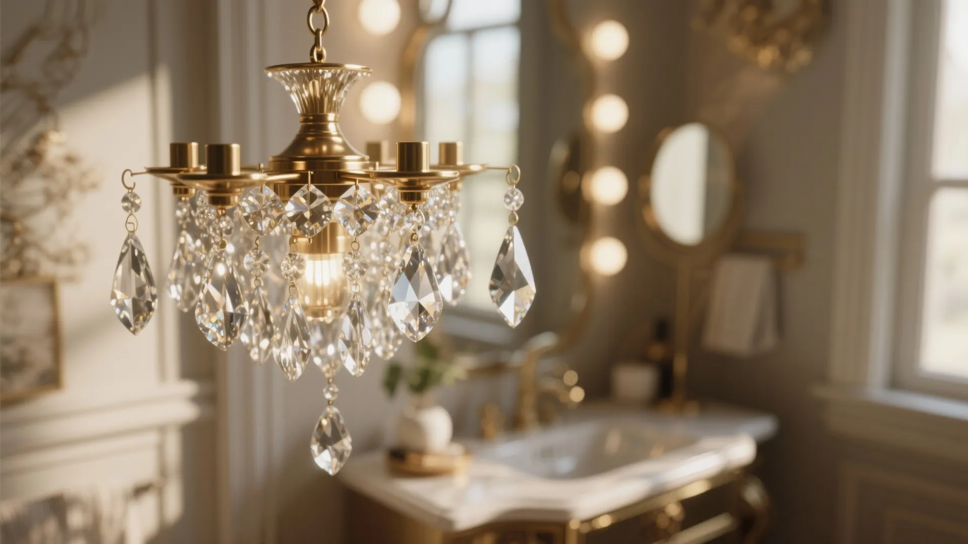 Close up of a gold ceiling light with crystals in a bright bathroom with mirror