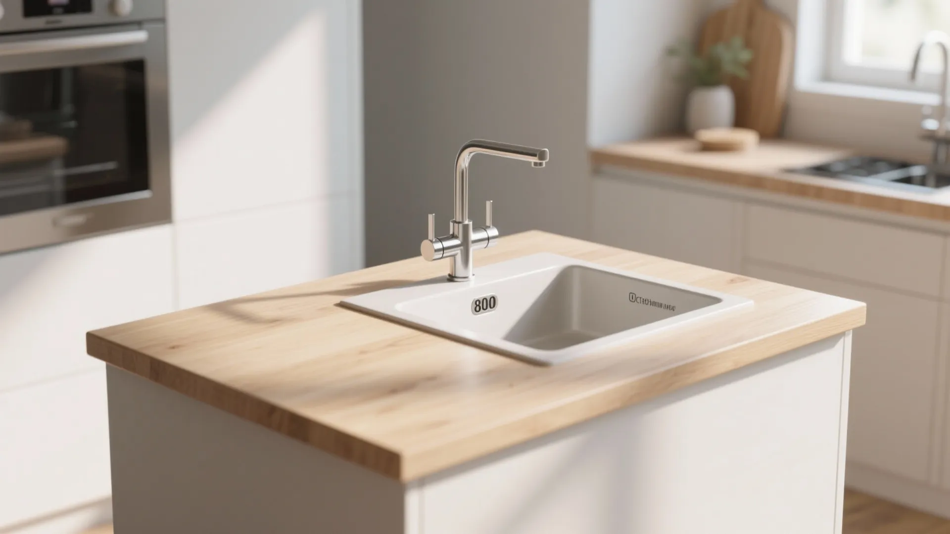 Modern kitchen island featuring a small white sink with a silver two handle water tap system