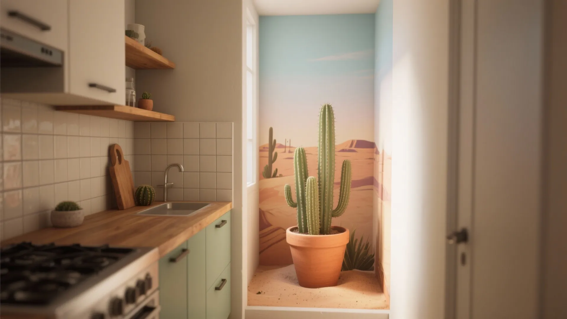Kitchen nook with a painted pot and stylized cactus mural paired with tile and open shelving.