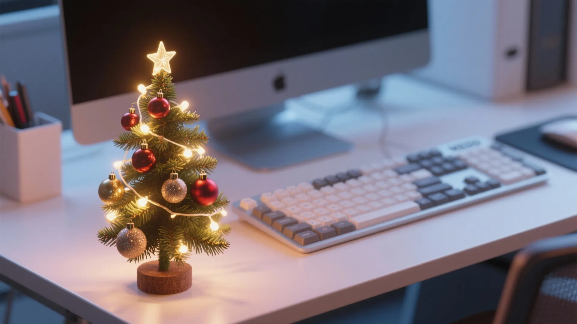 Small lighted Christmas tree on a white desk next to a computer keyboard and monitor