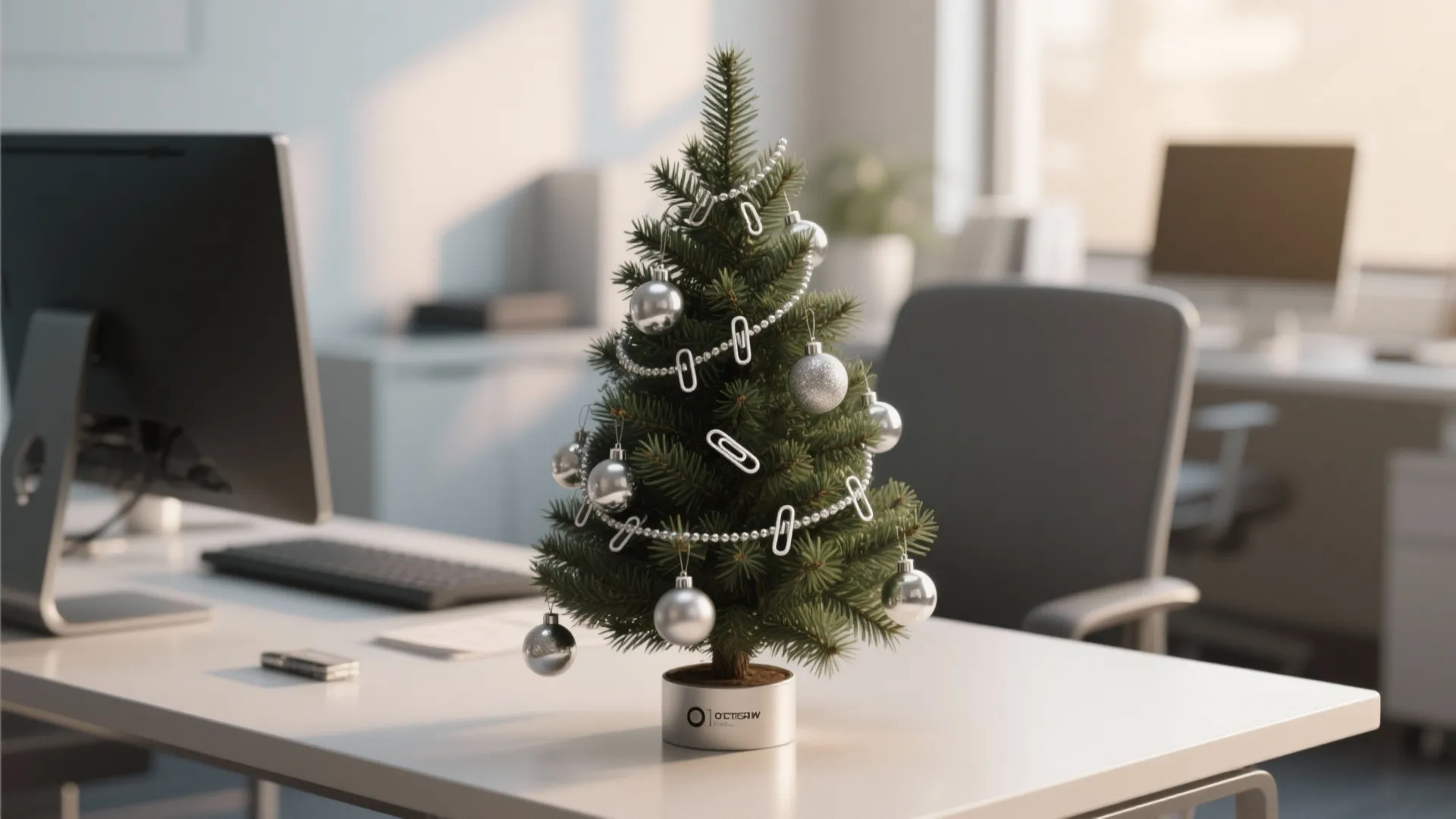 Small Christmas tree on white office desk decorated with silver balls and silver paper clips