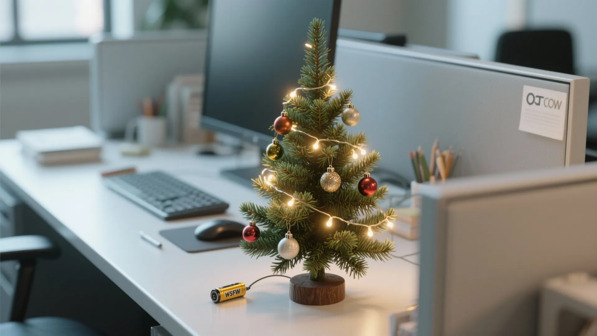 Miniature Christmas tree with fairy lights and baubles placed on a modern white office desk