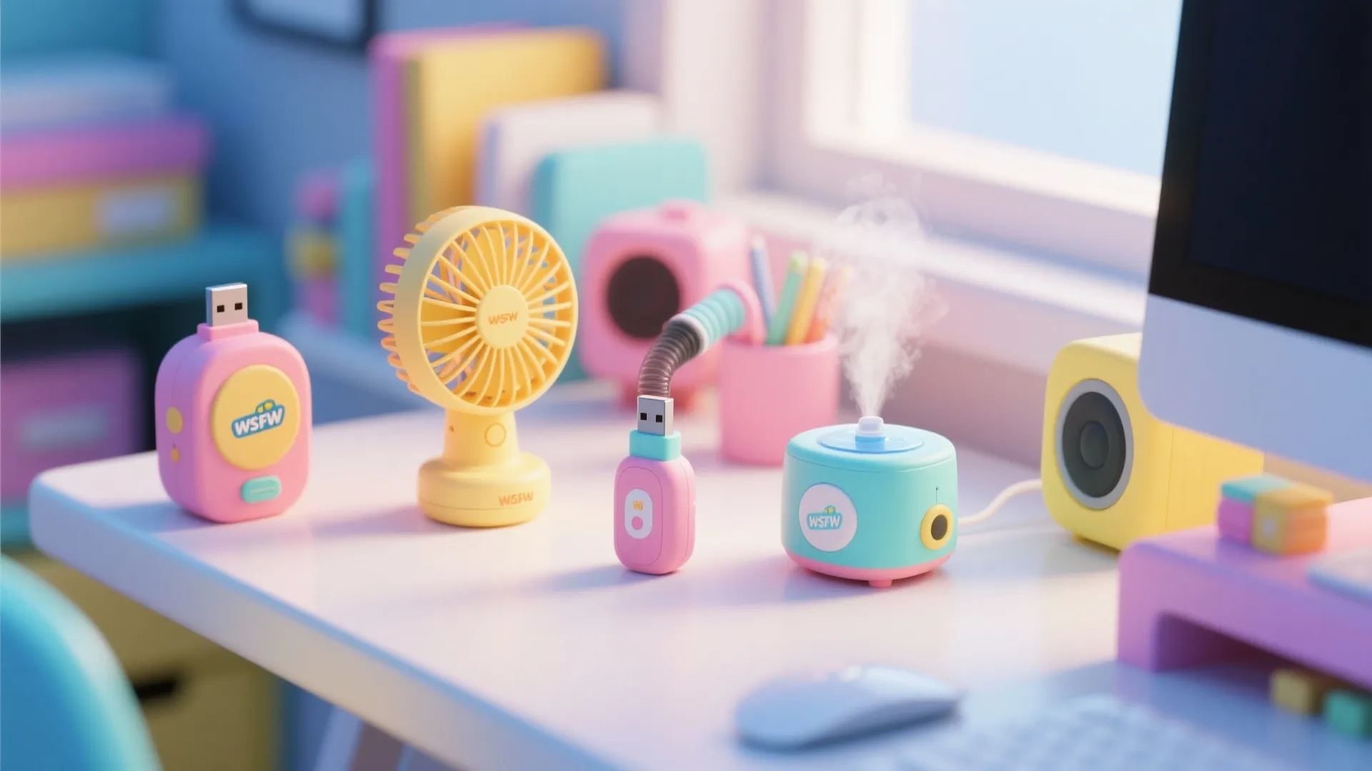 Collection of small playful desk gadgets on work table
