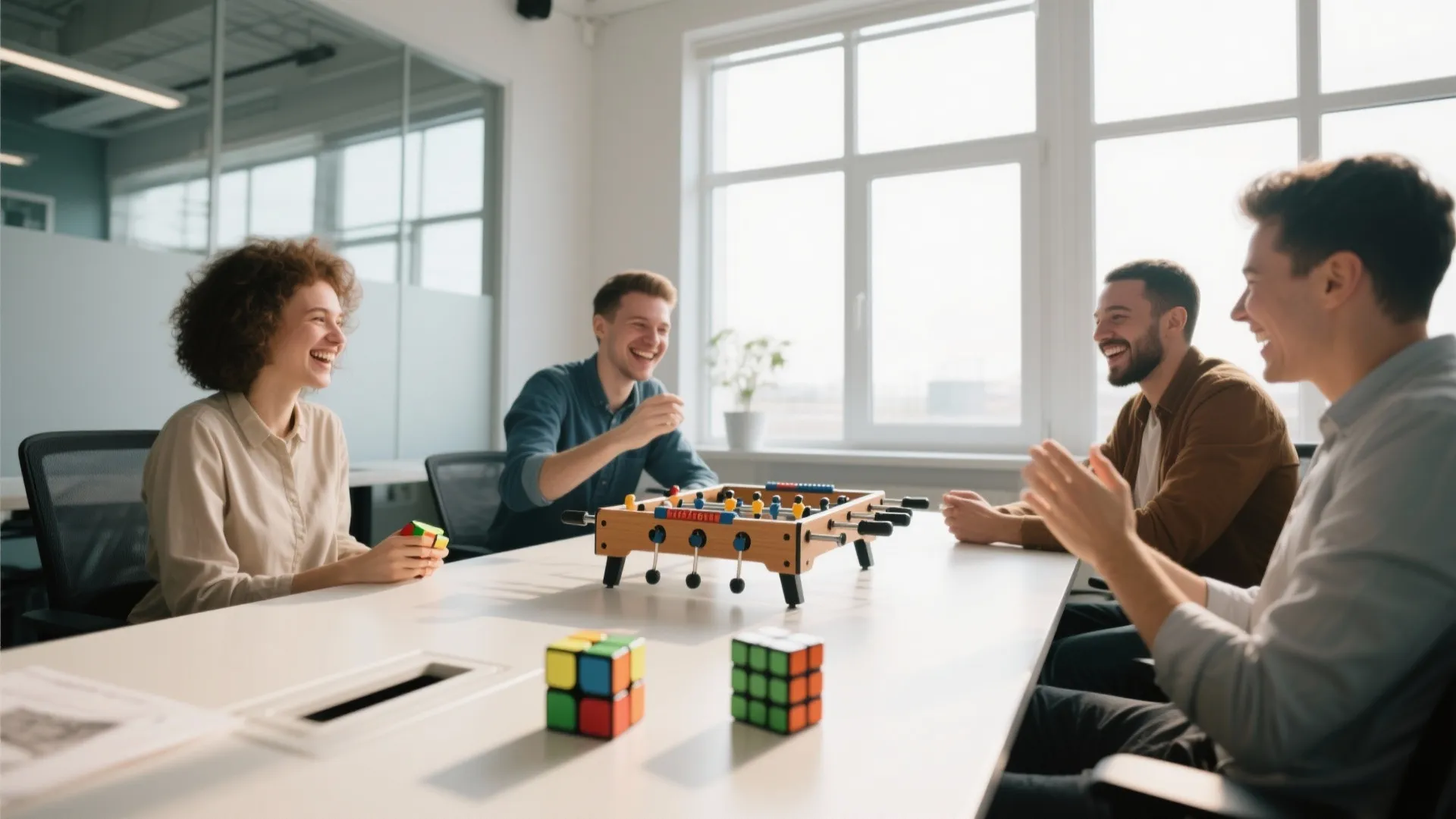 Four people playing table football and puzzles in a bright modern office with large windows