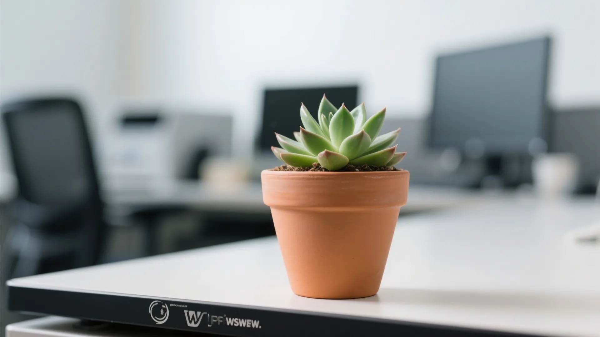 Small green succulent plant in a clay pot sitting on a white modern office desk