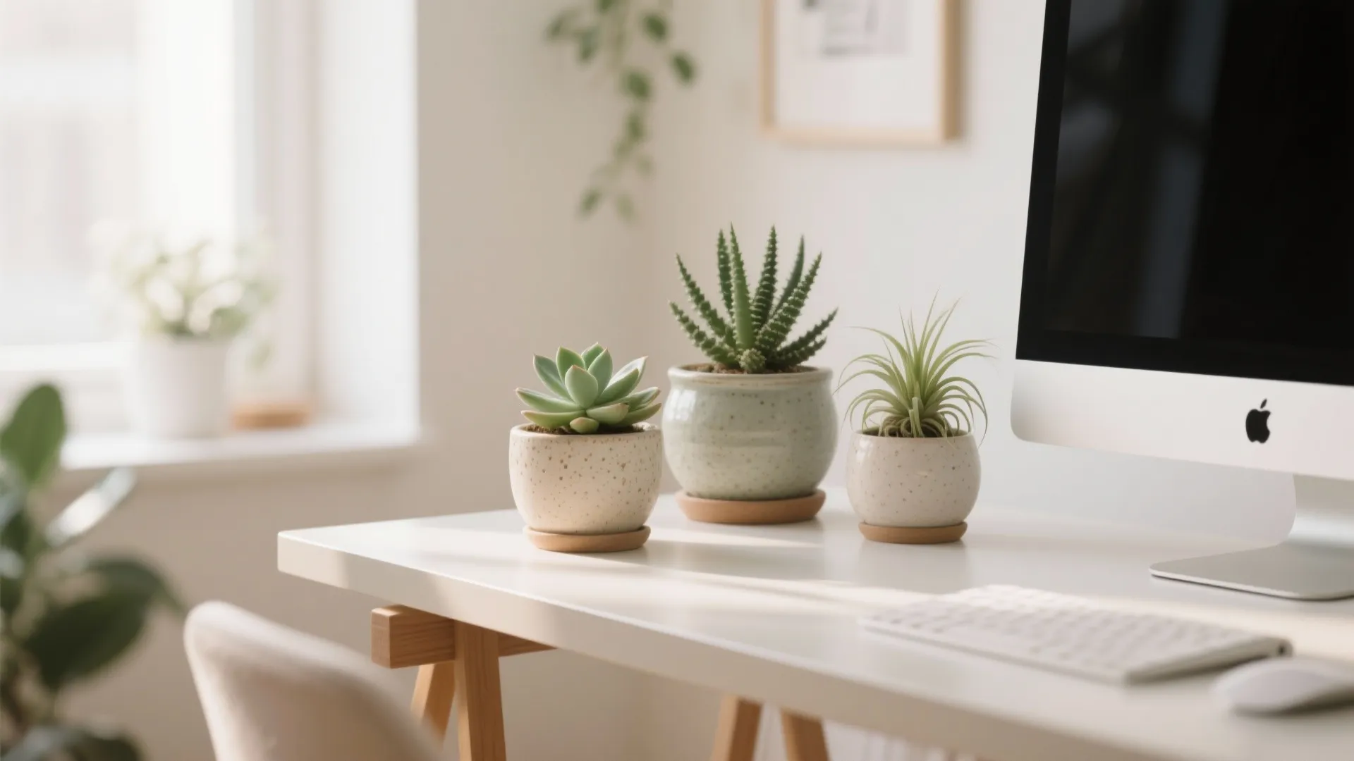 Three small green potted plants sitting on a white desk next to a computer monitor
