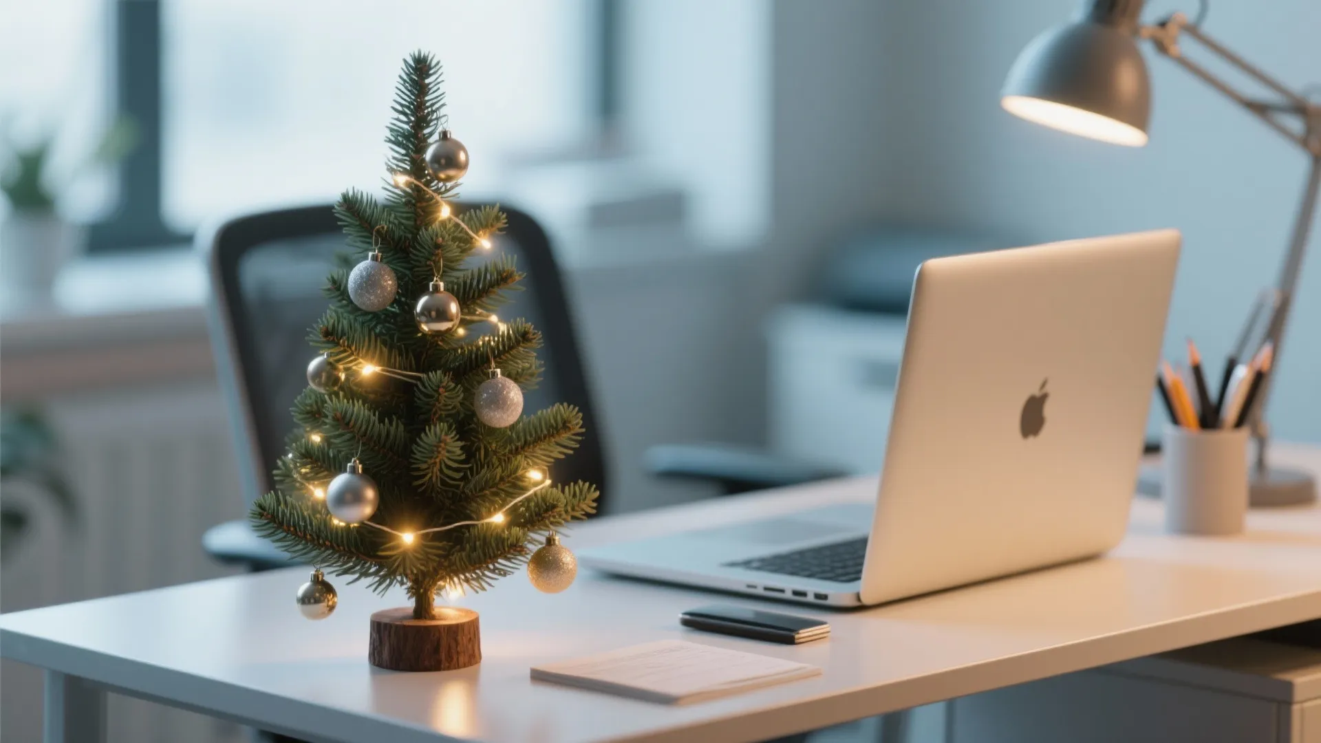 Mini Christmas tree with LED lights on desk