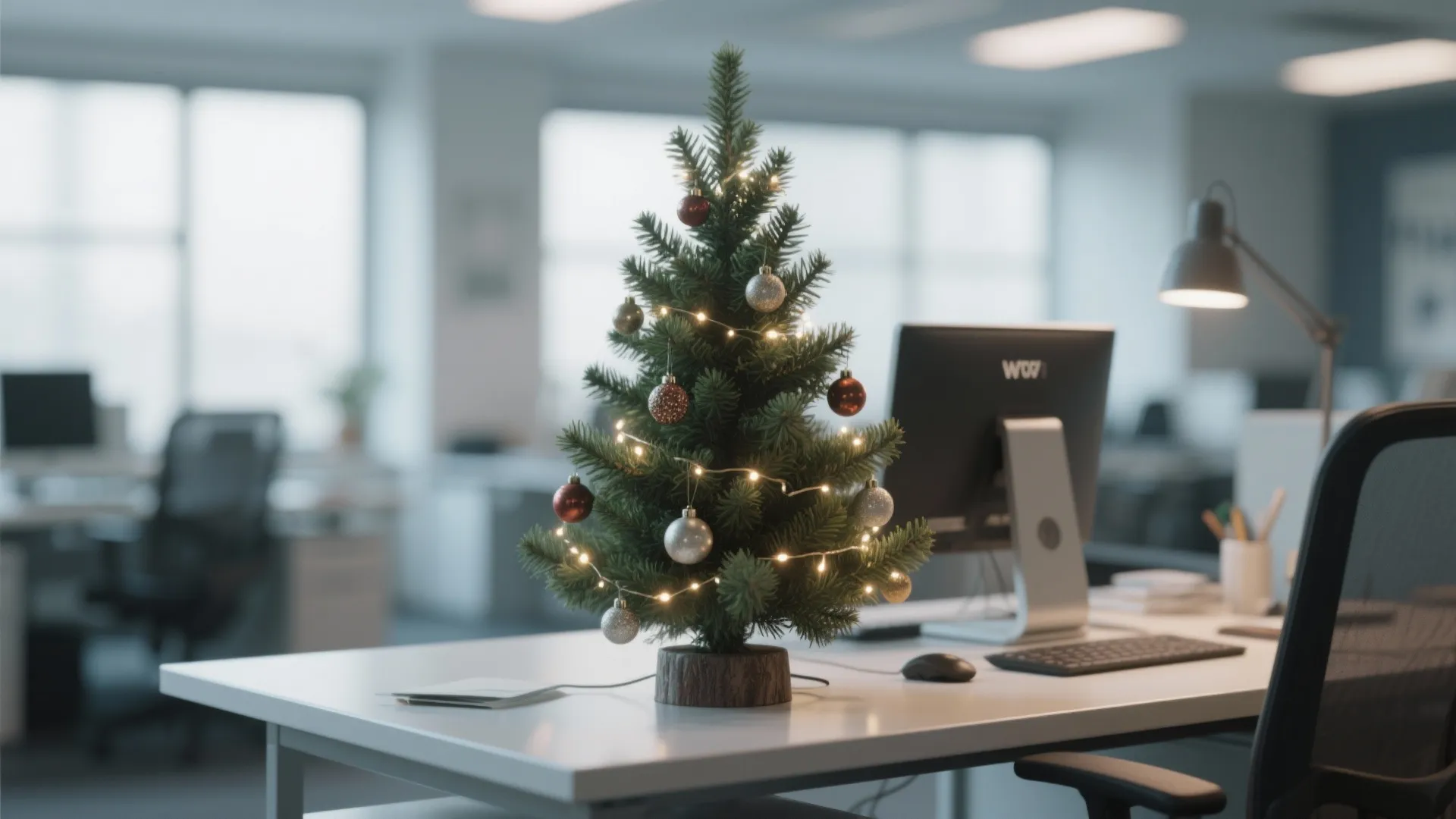 Small green christmas tree with lights and ornaments on a white office desk with computer