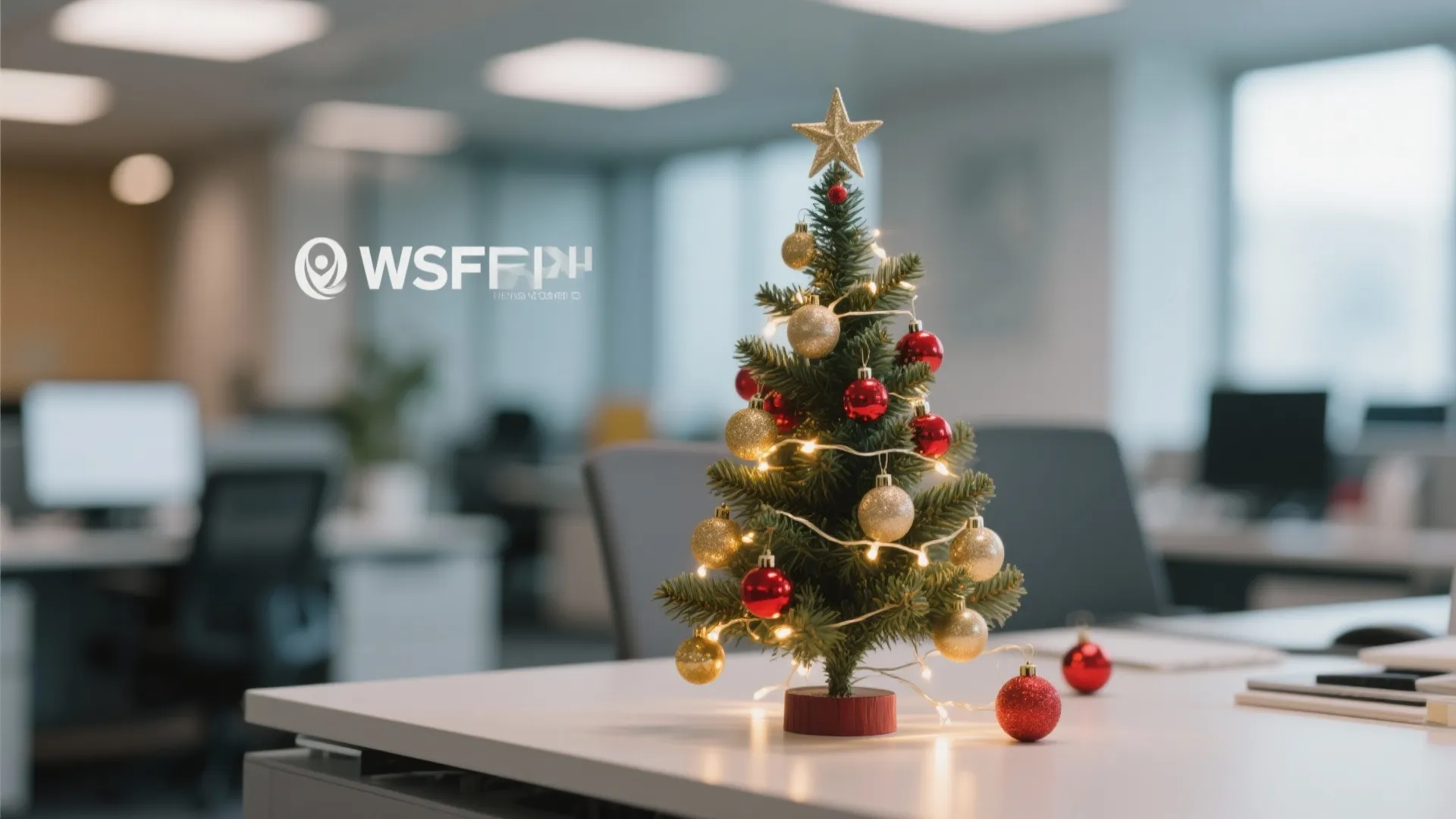 Small artificial Christmas tree with red and gold balls and lights on a white desk