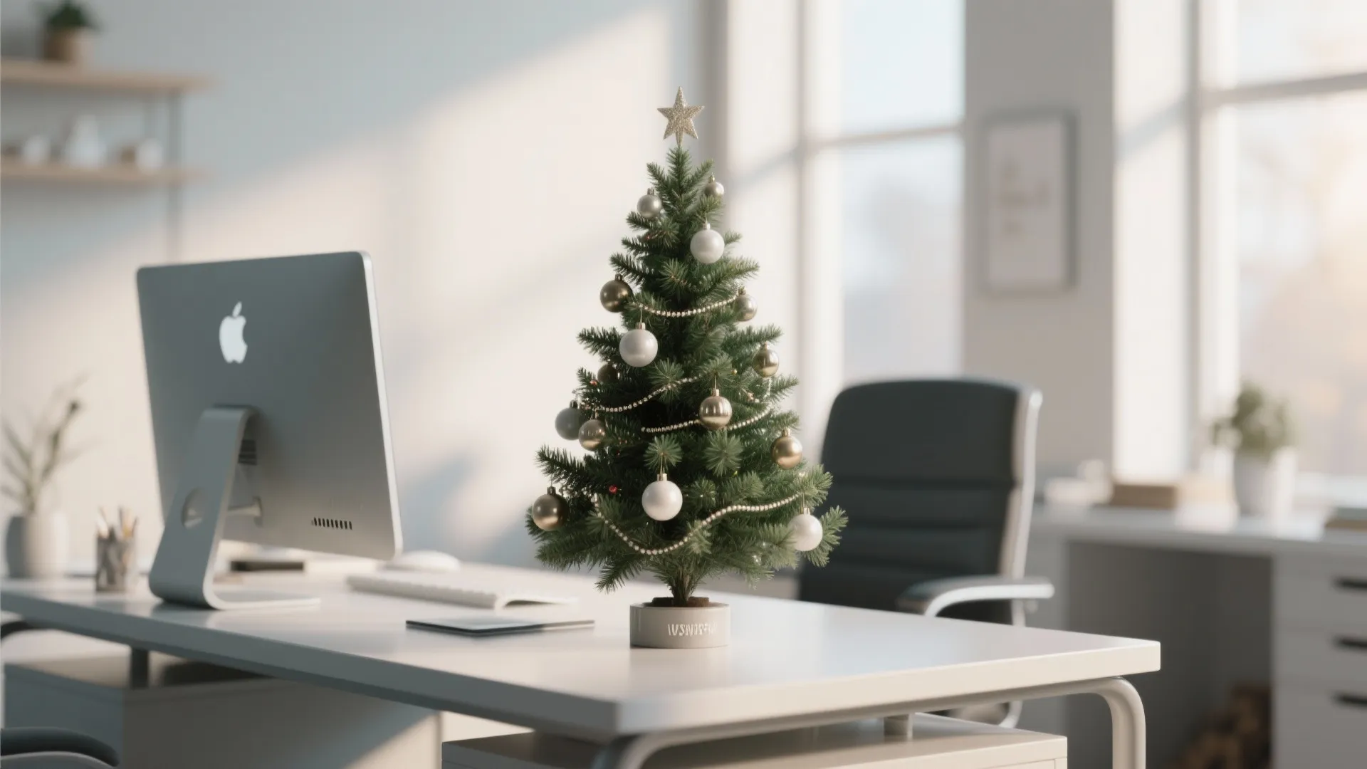 Small decorated Christmas tree on a white office desk with a computer and black chair
