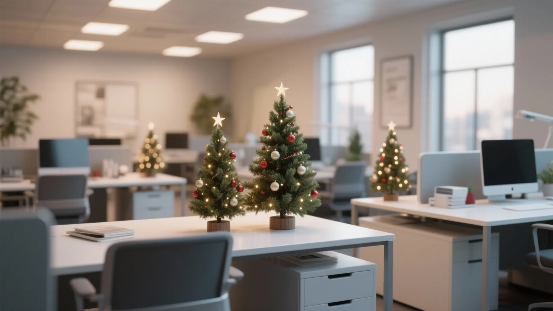 Modern office workspace featuring small decorated Christmas trees on white desks with computers and chairs
