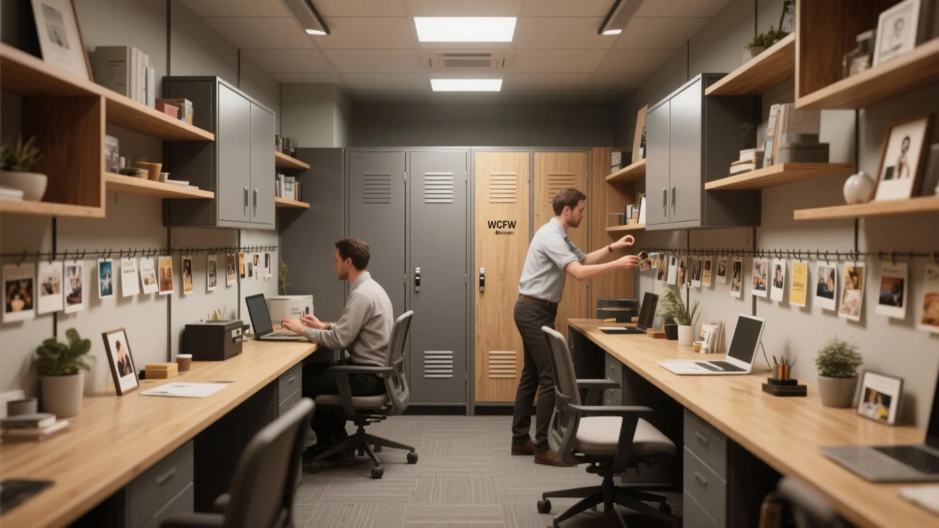 Compact personalized desks with vertical shelves and shared lockers creating a curated small-office feel.