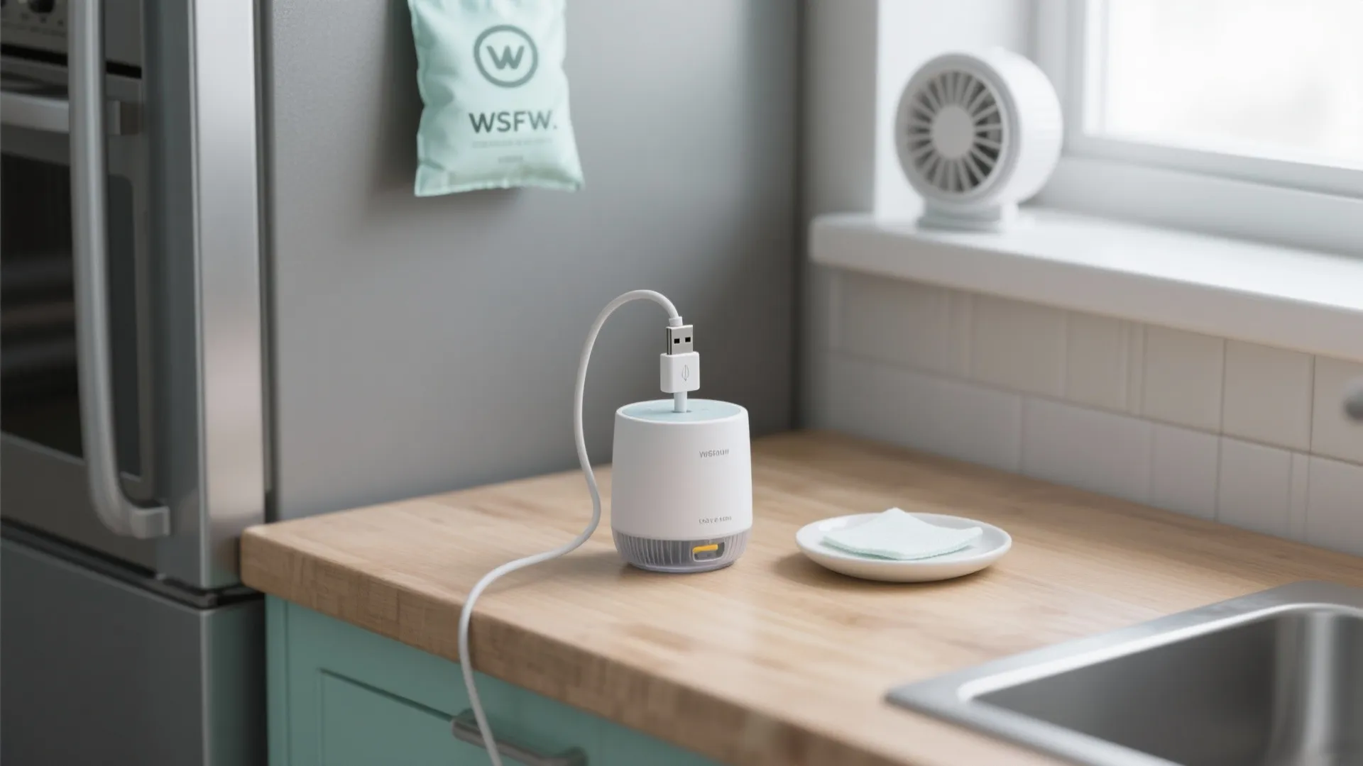 Small white device with USB cable on a kitchen counter near a sink and window