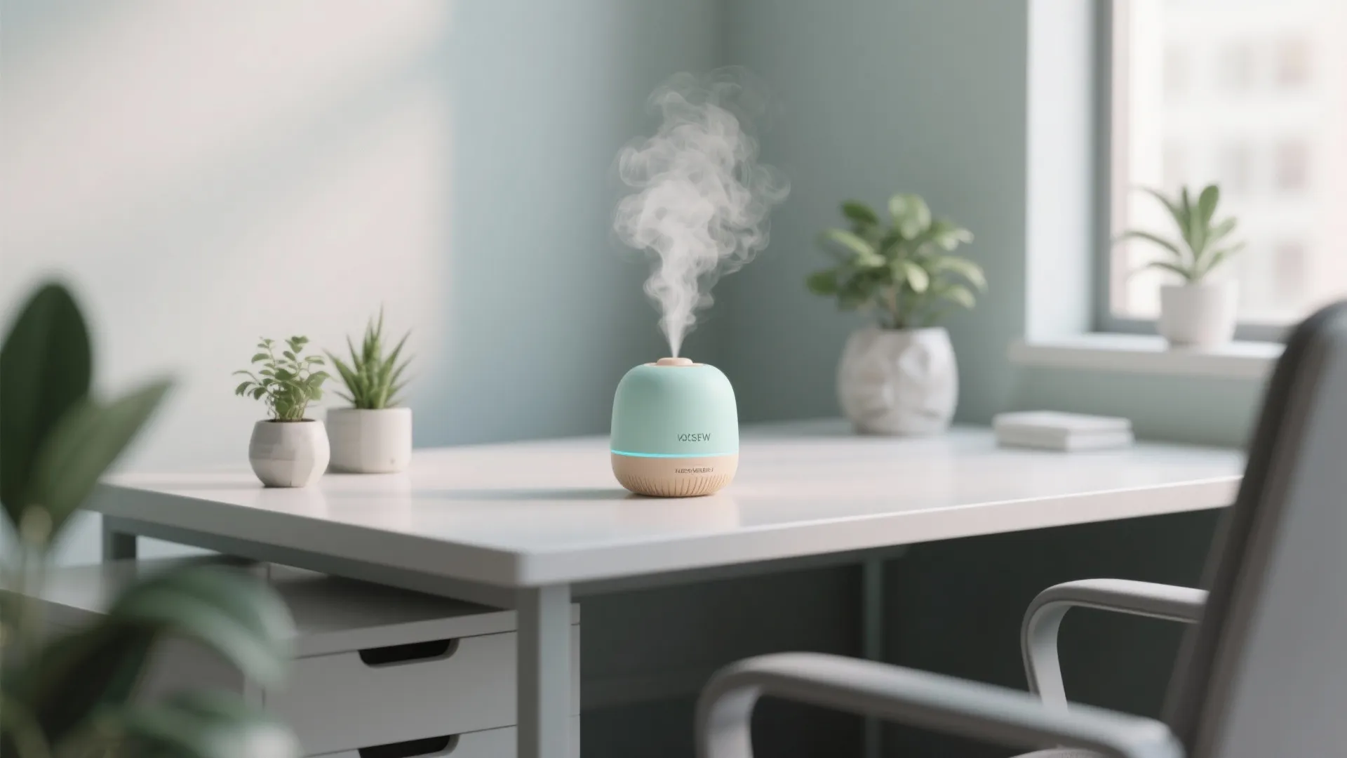 Mint green mini air diffuser on a white office desk with small green potted plants