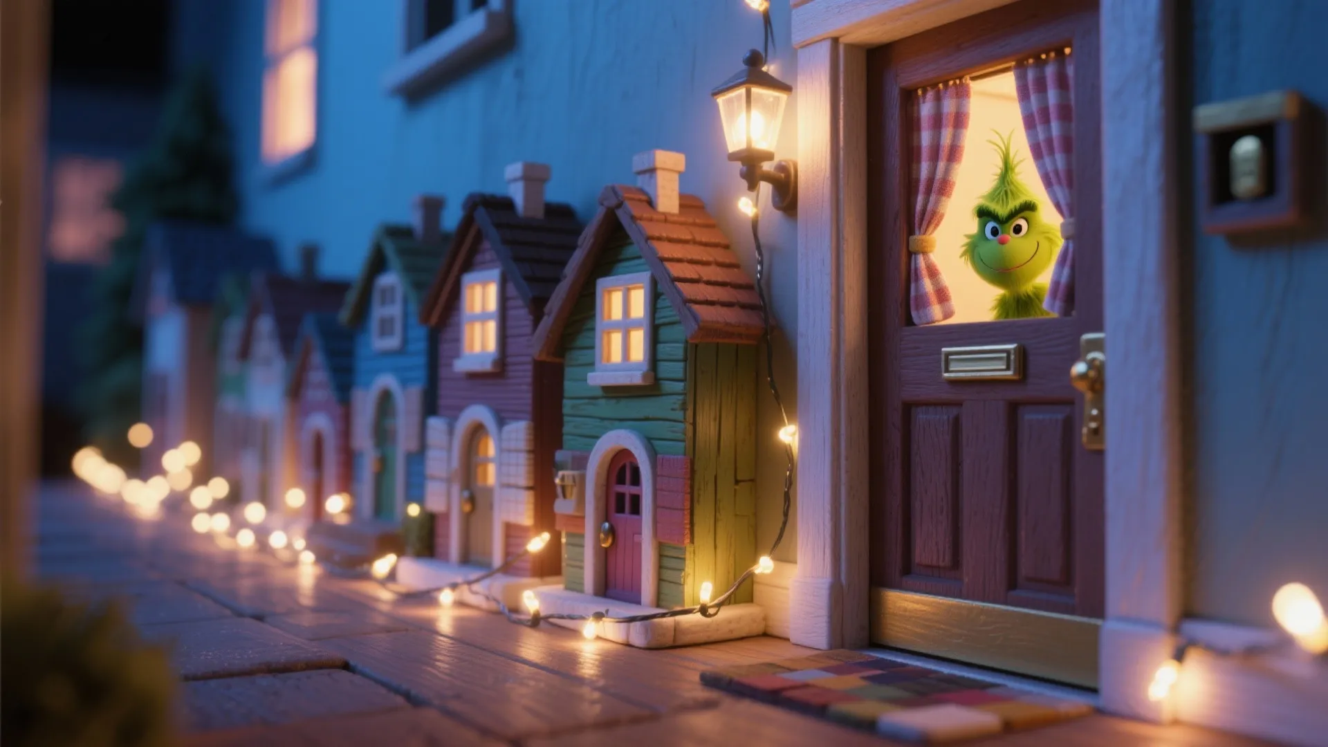 Colorful small house models with glowing string lights and green character peering through brown door