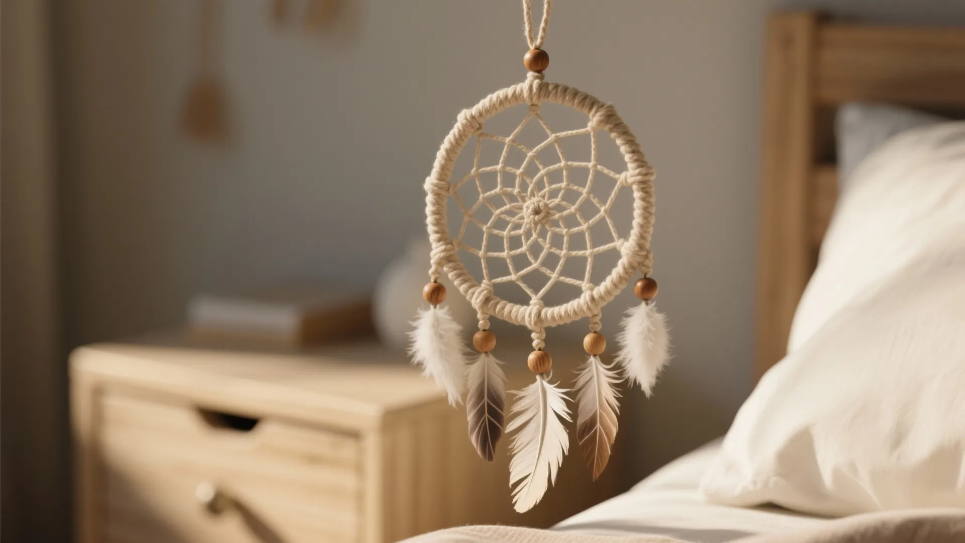 Small white dreamcatcher with feathers and beads hanging in a bedroom with light wooden furniture