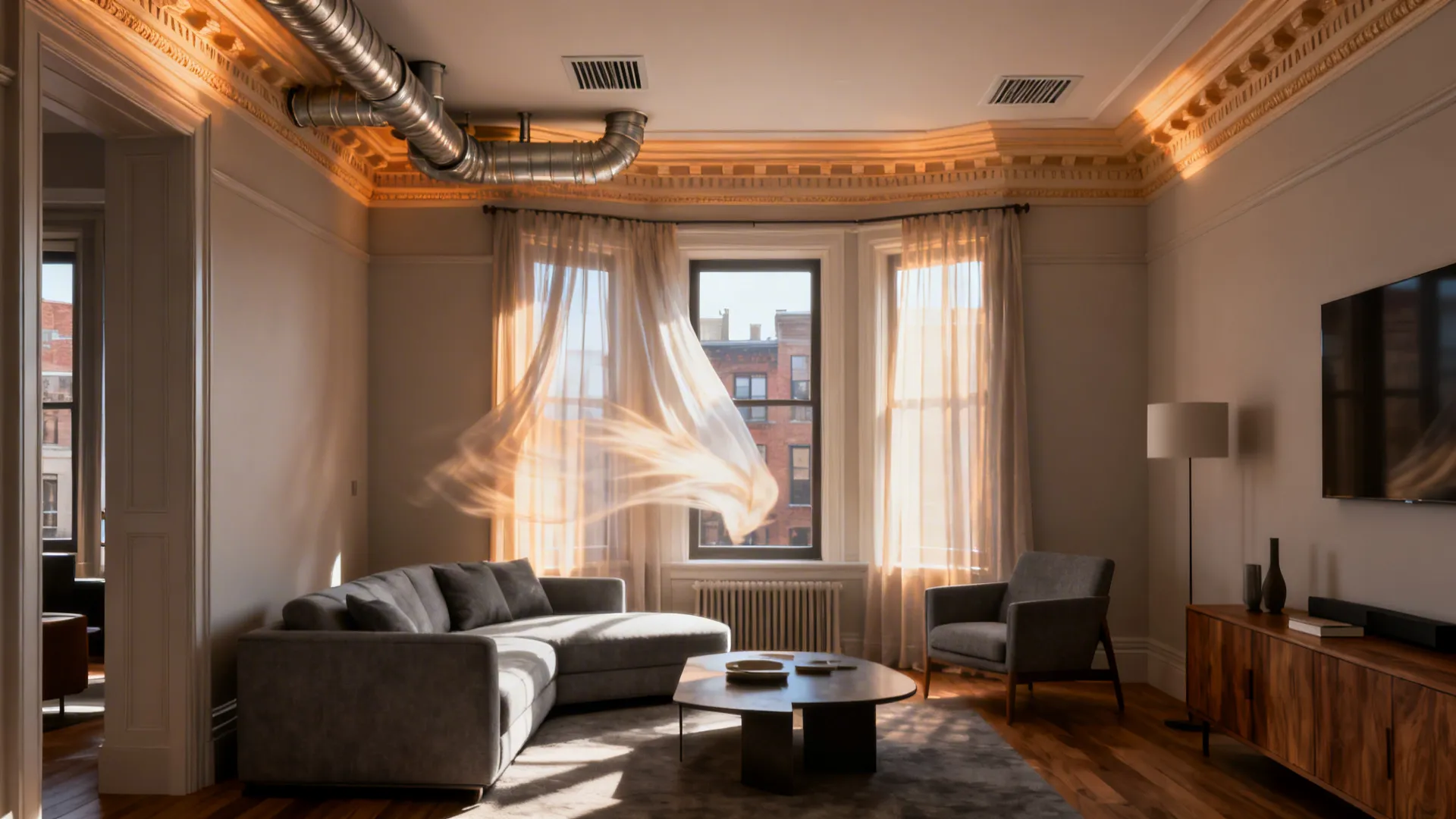Townhouse living room with crown molding and discreet mini-duct ceiling outlets
