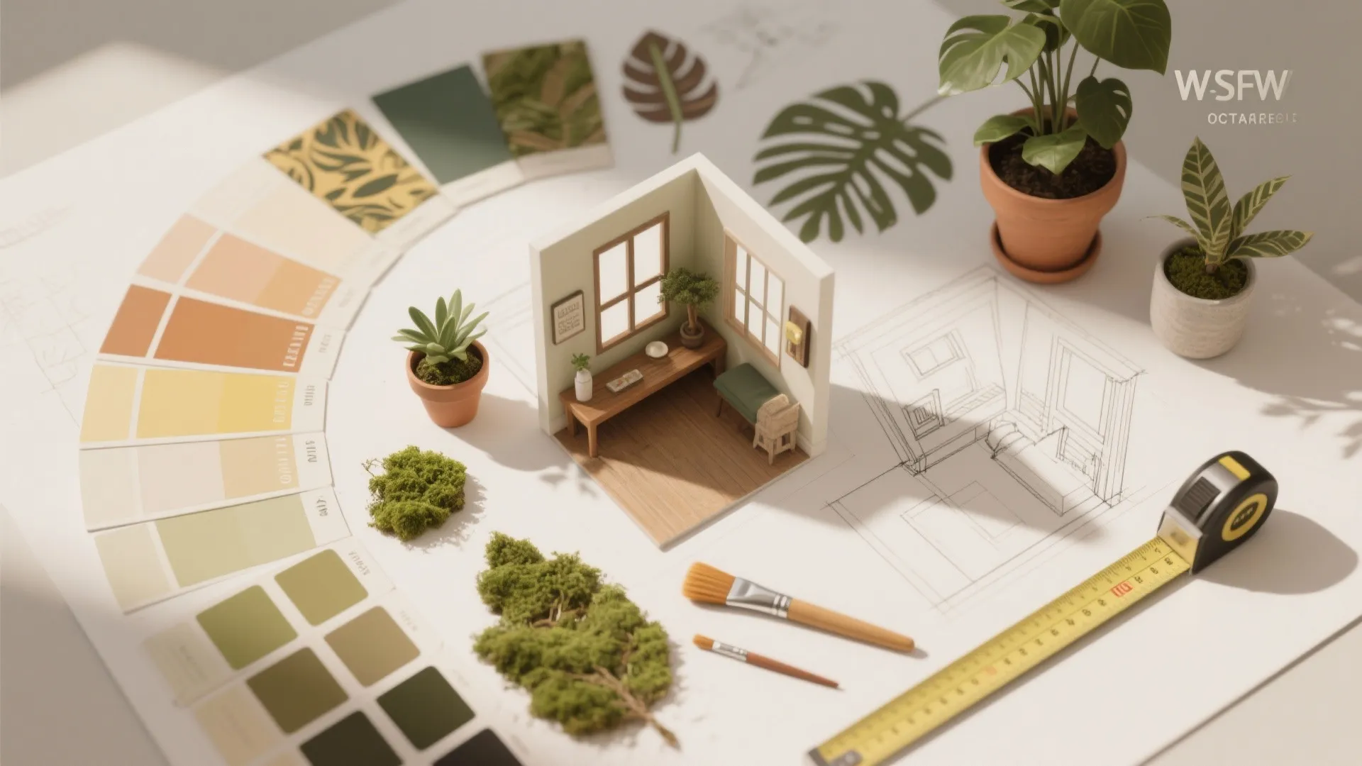 Miniature room model on table with color swatches green plants brushes and yellow measuring tape