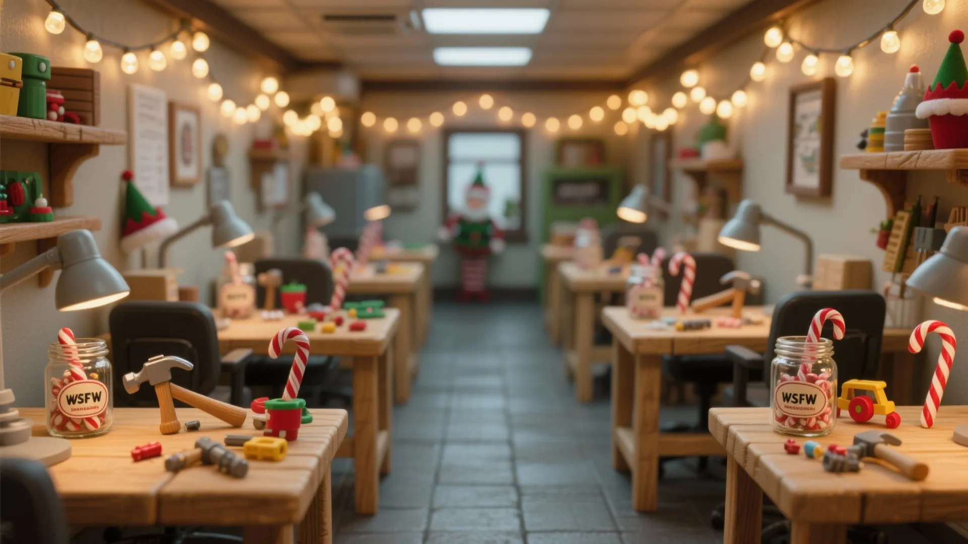 Festive workshop interior with wooden desks featuring small tools candy canes and warm string lights