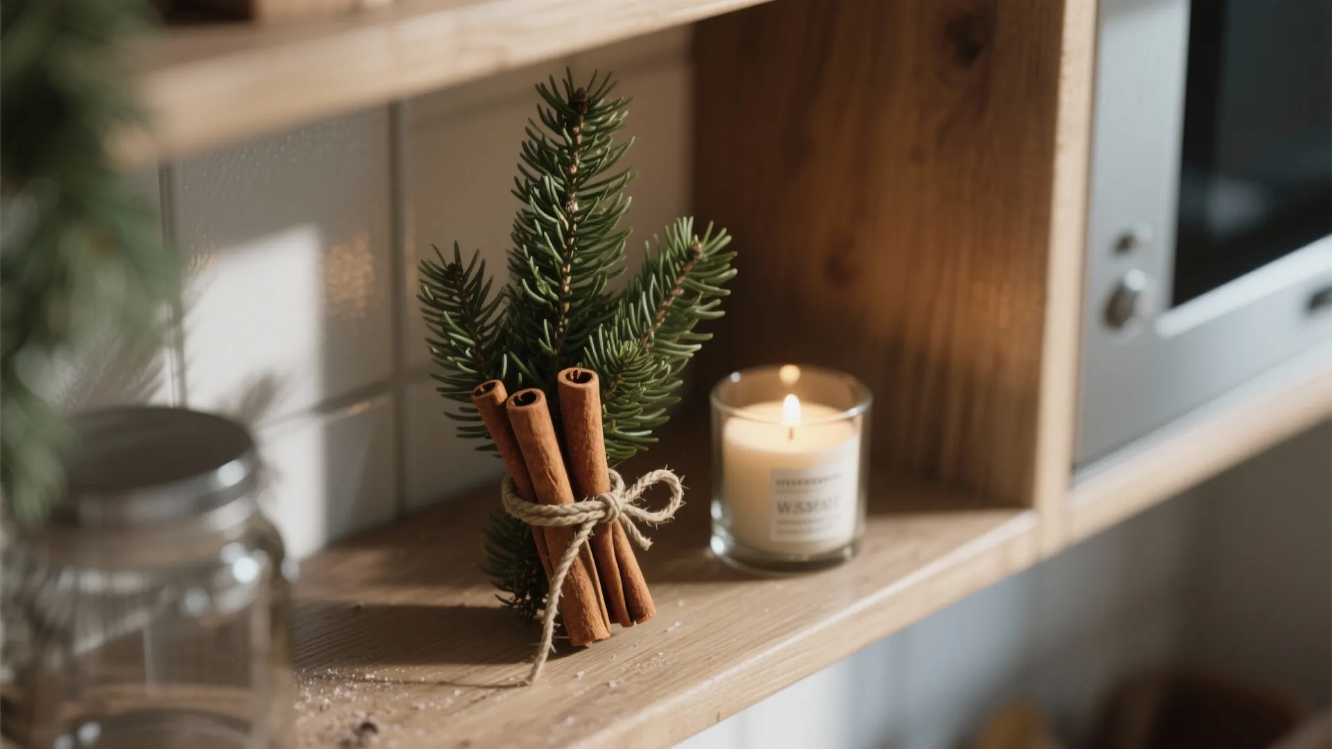 1. Mini evergreen vignettes on open shelves