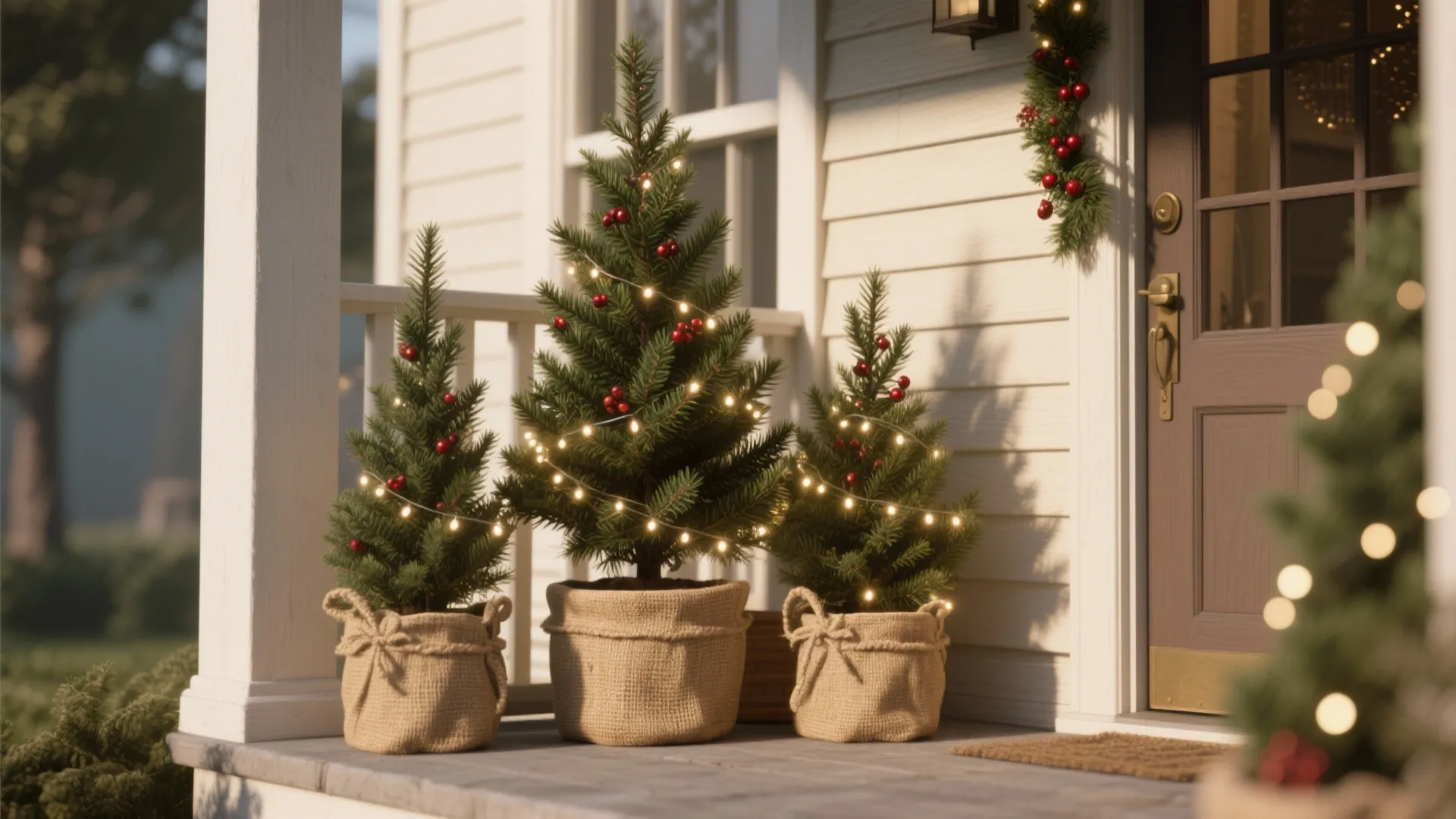 Three small decorated Christmas trees in fabric pots on white wooden porch by front door