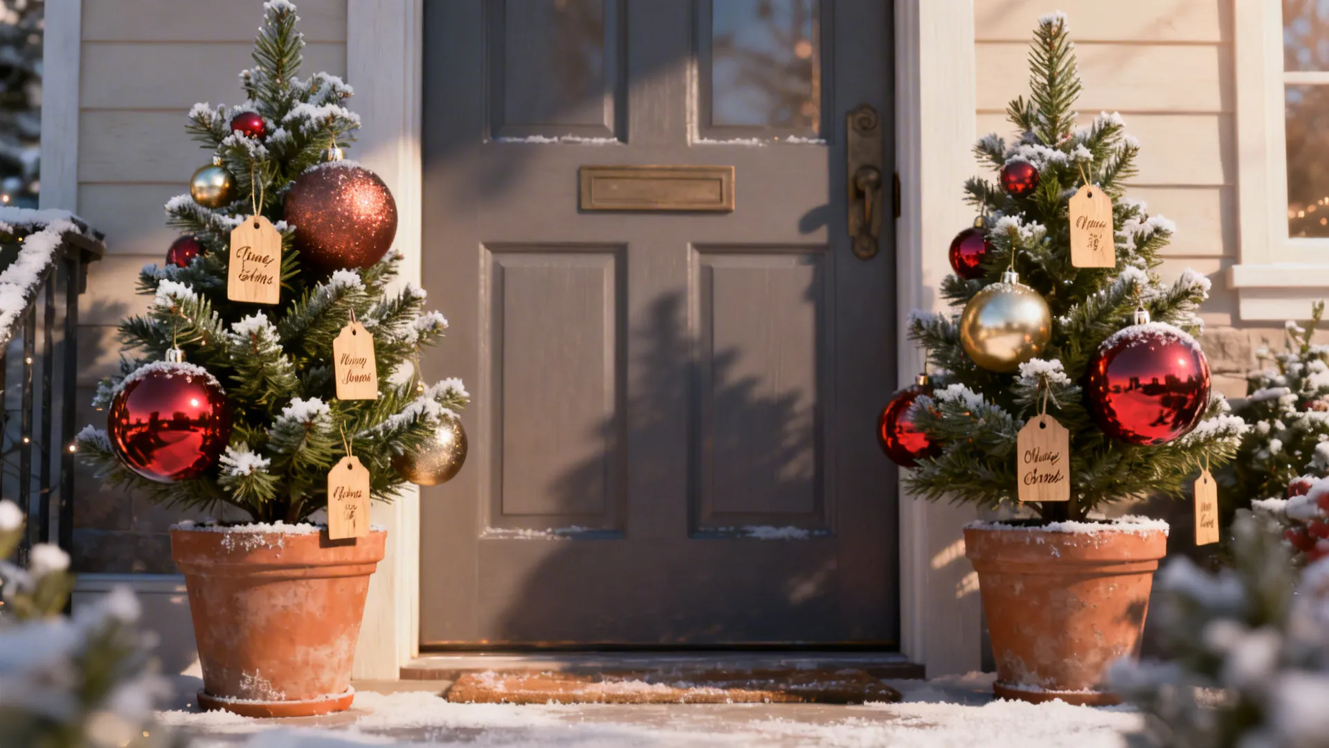 Two small potted evergreen trees with oversized ornaments and personalized tags flanking a front door.