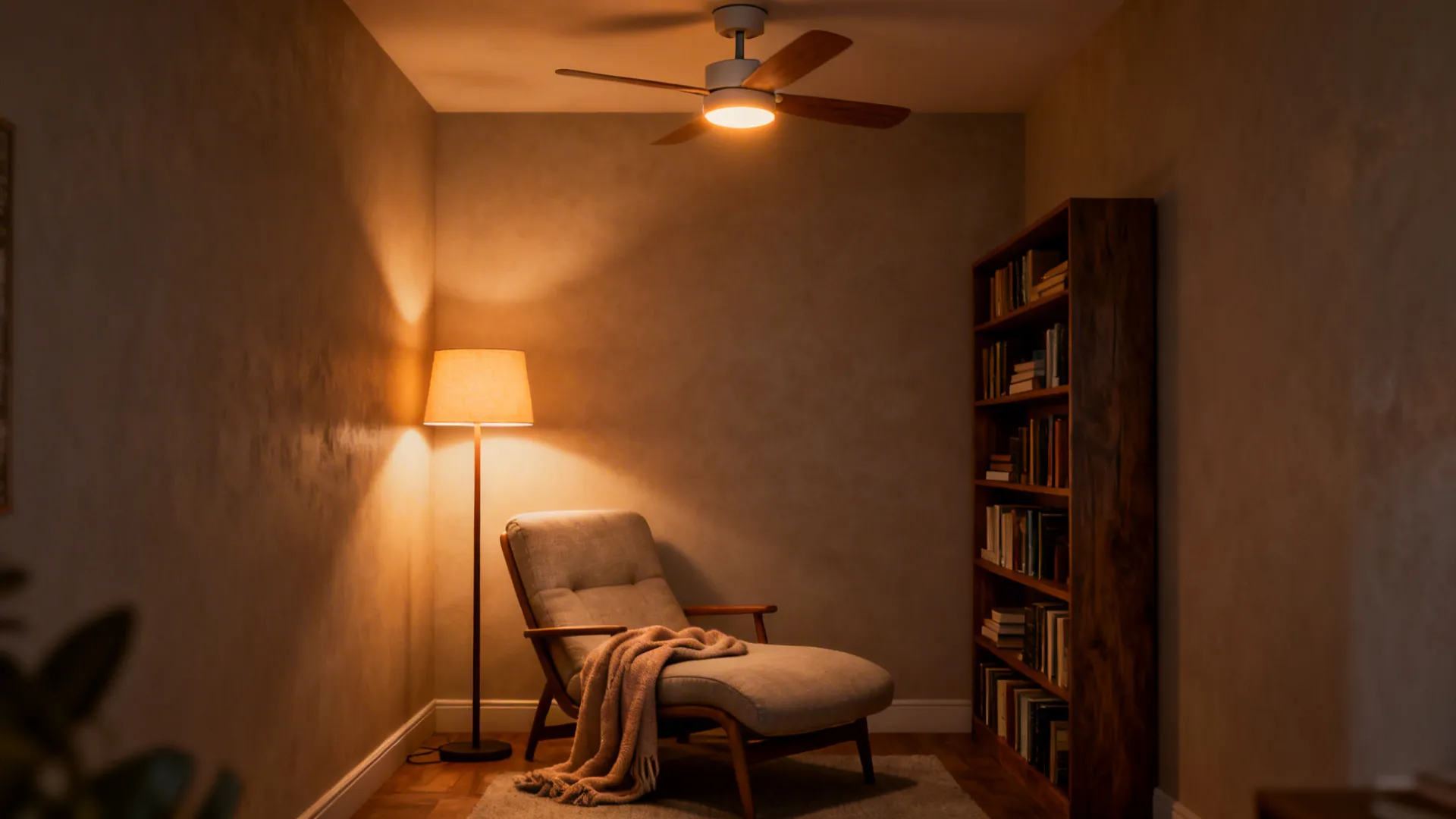 Compact mini ceiling fan with dimmable warm light over a cozy reading nook in a small studio.