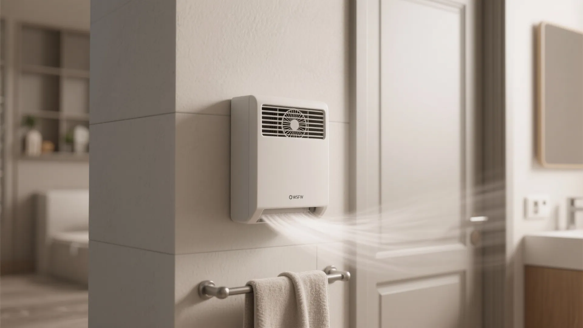 Small white wall mounted fan heater blowing warm air in a modern bathroom near towel