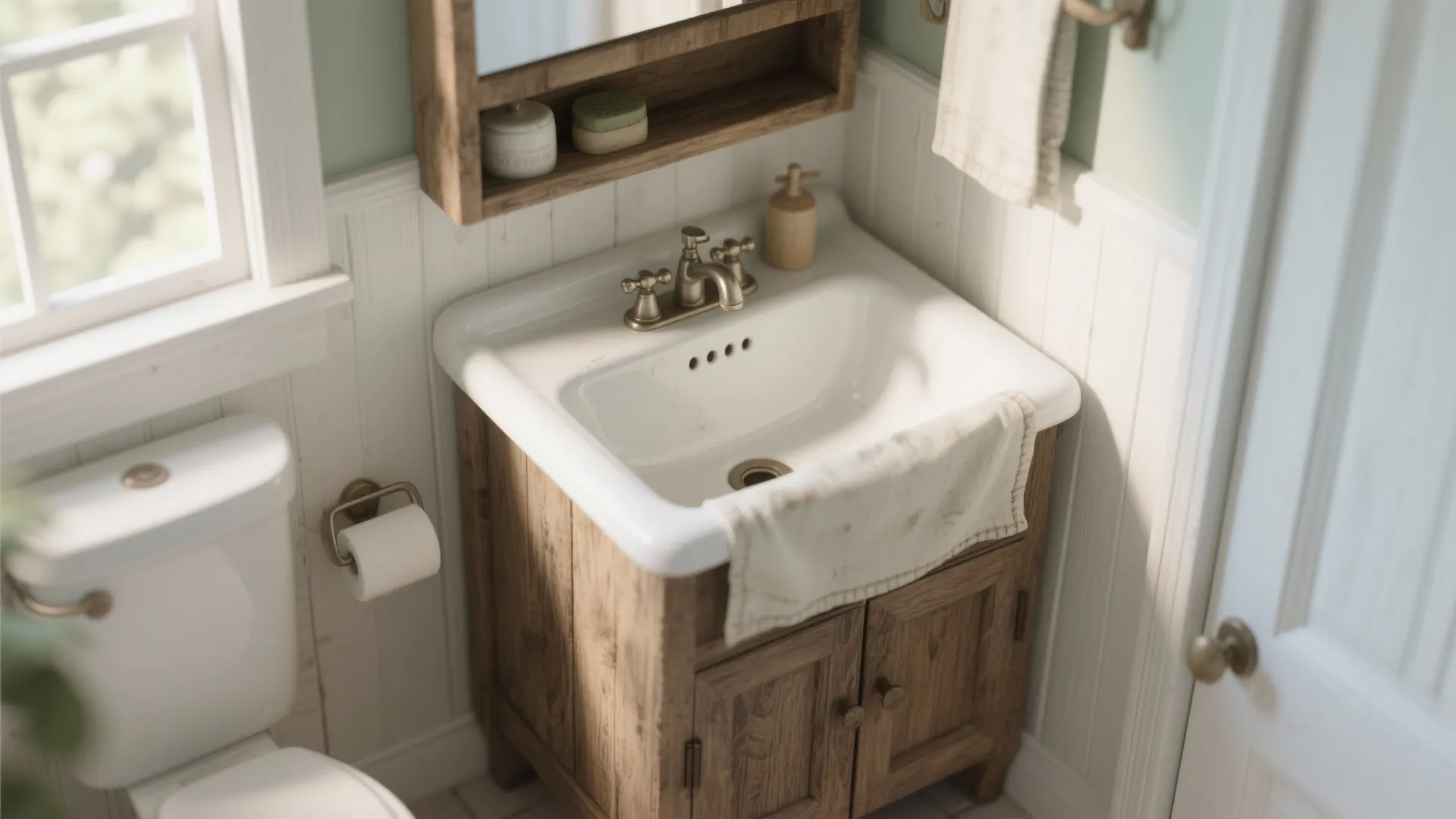 Small white sink on wooden cabinet next to a white toilet in a bright bathroom