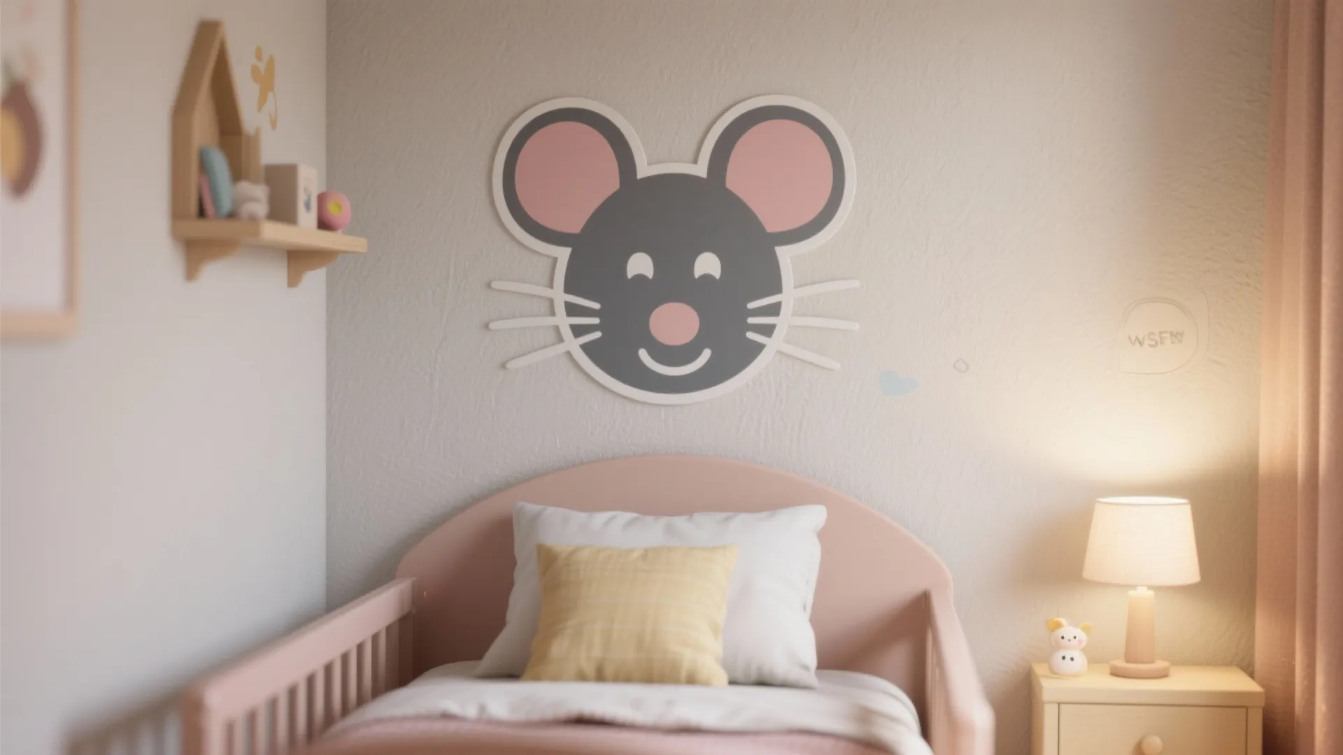 Kids bedroom featuring a pink bed with mouse head wall decor and small nightstand lamp
