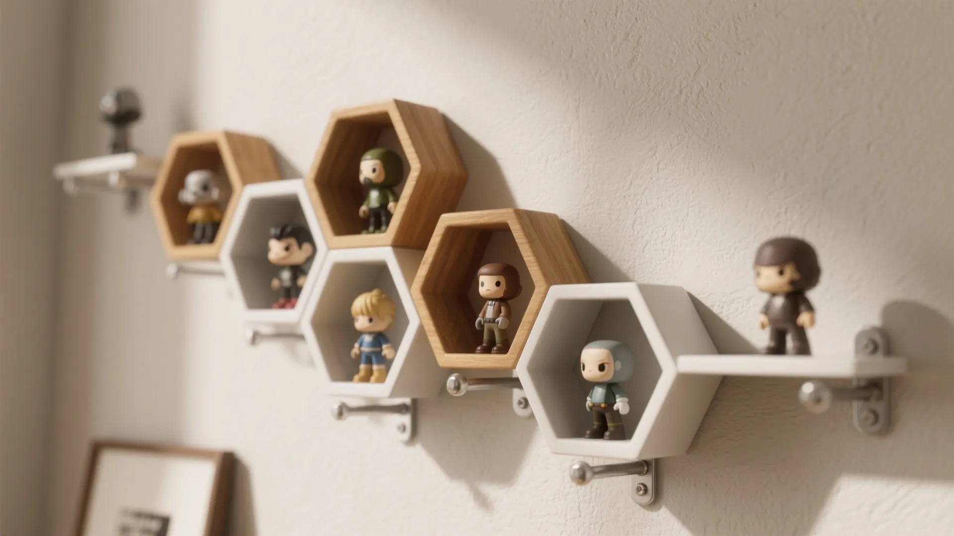 Wall mounted hexagonal wooden and white shelves displaying small toy figures in a creative arrangement