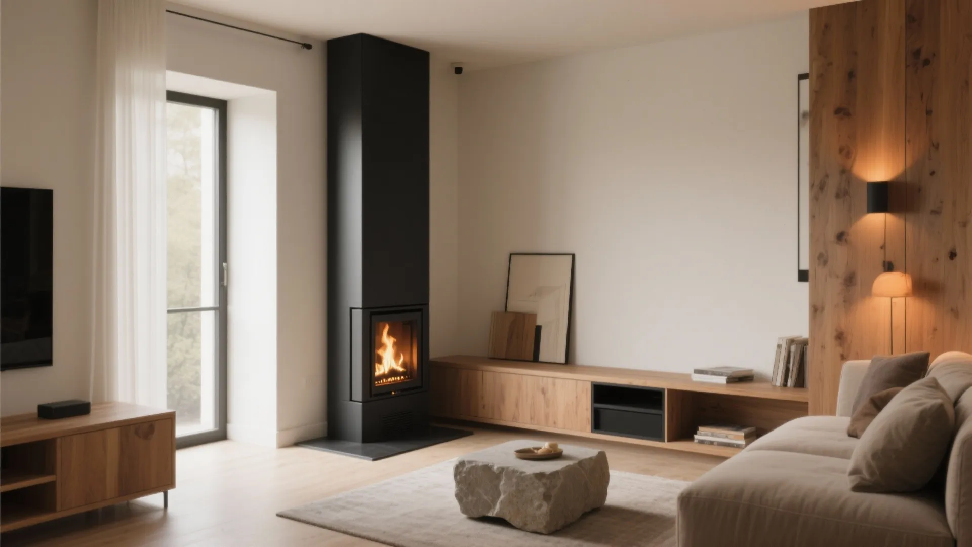 Modern living room featuring a tall black fireplace wooden cabinet stone coffee table and beige sofa