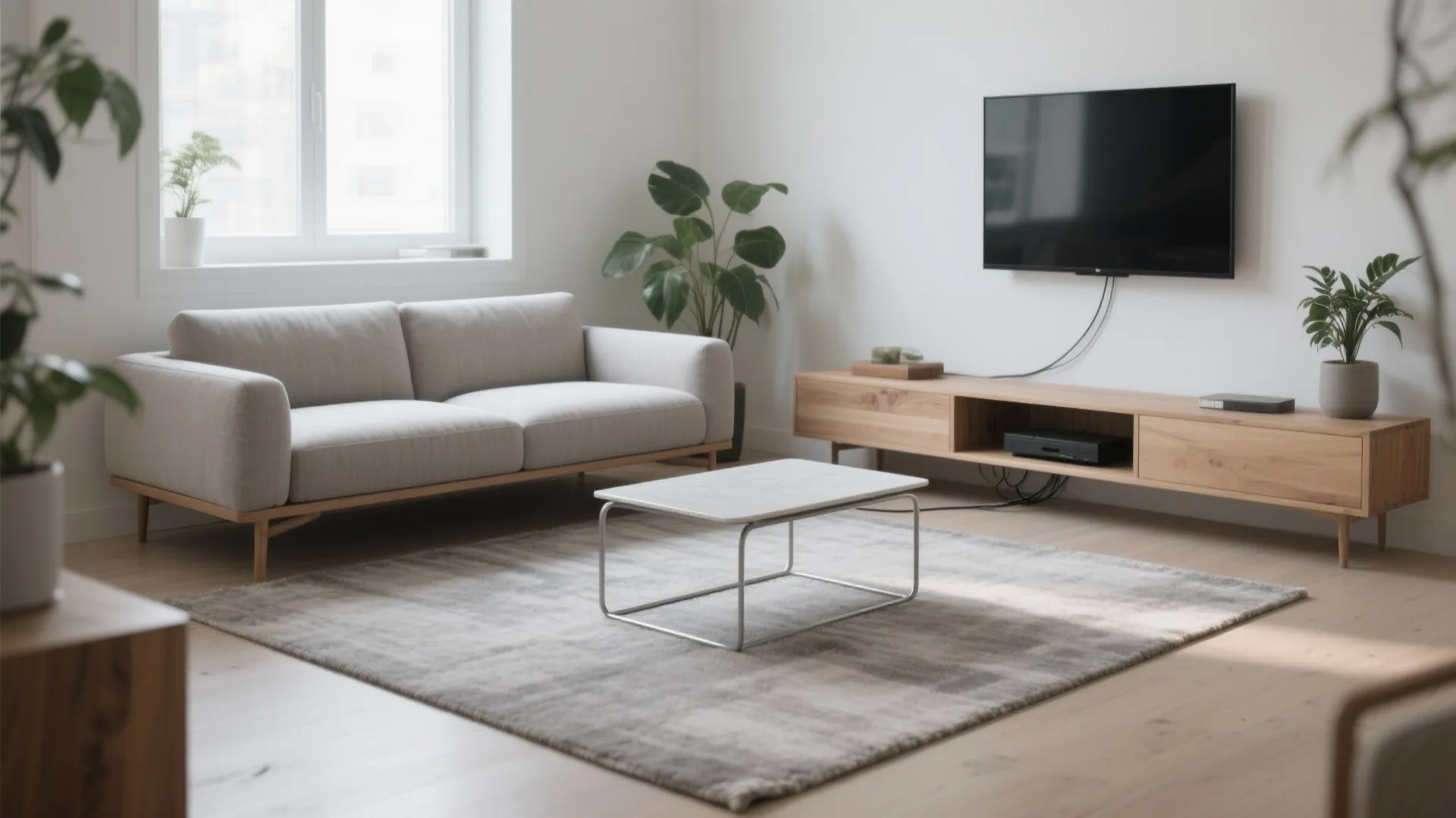 Modern living room with grey sofa white coffee table wooden cabinet and wall mounted television