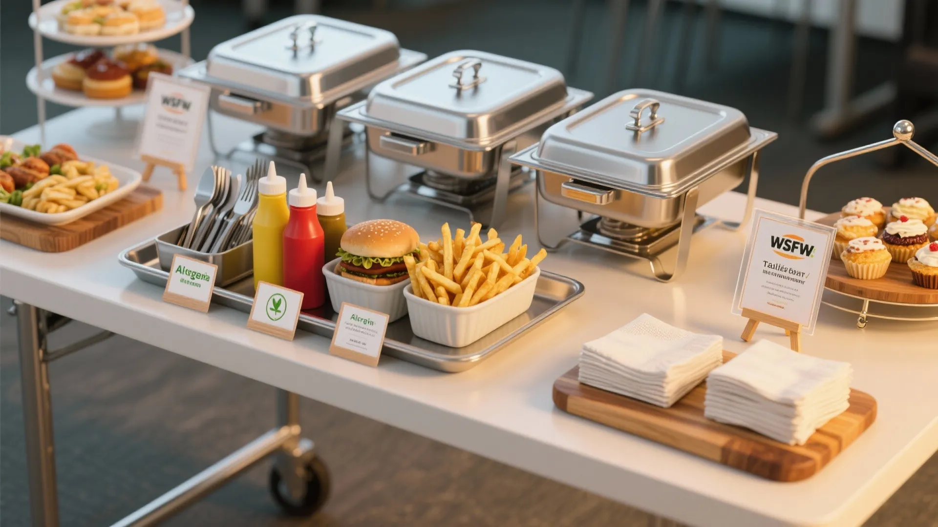 Office catering table with food warmers burger french fries napkins and small signs for snacks