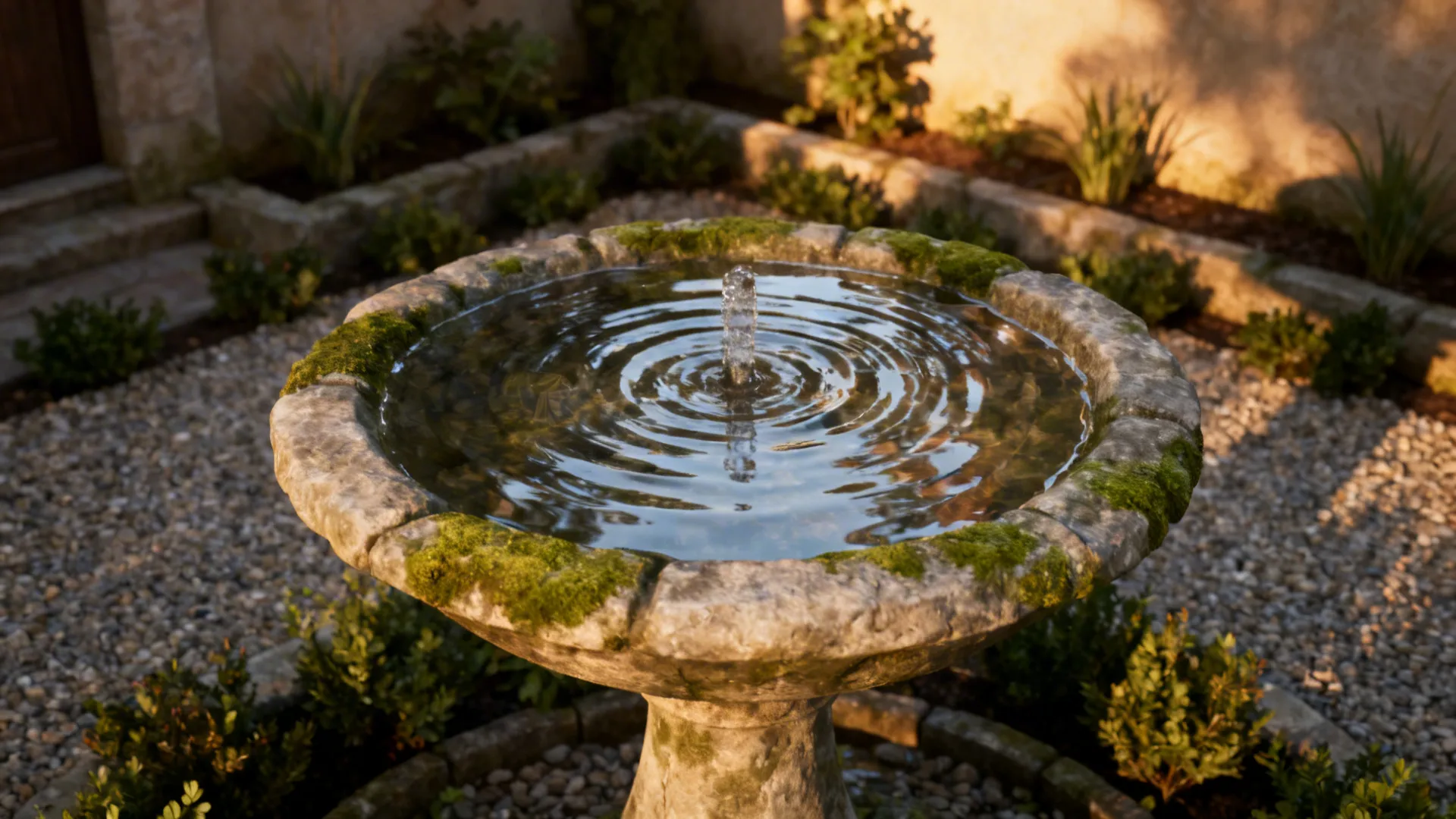 Small stone fountain in a compact courtyard surrounded by low plantings and gravel.