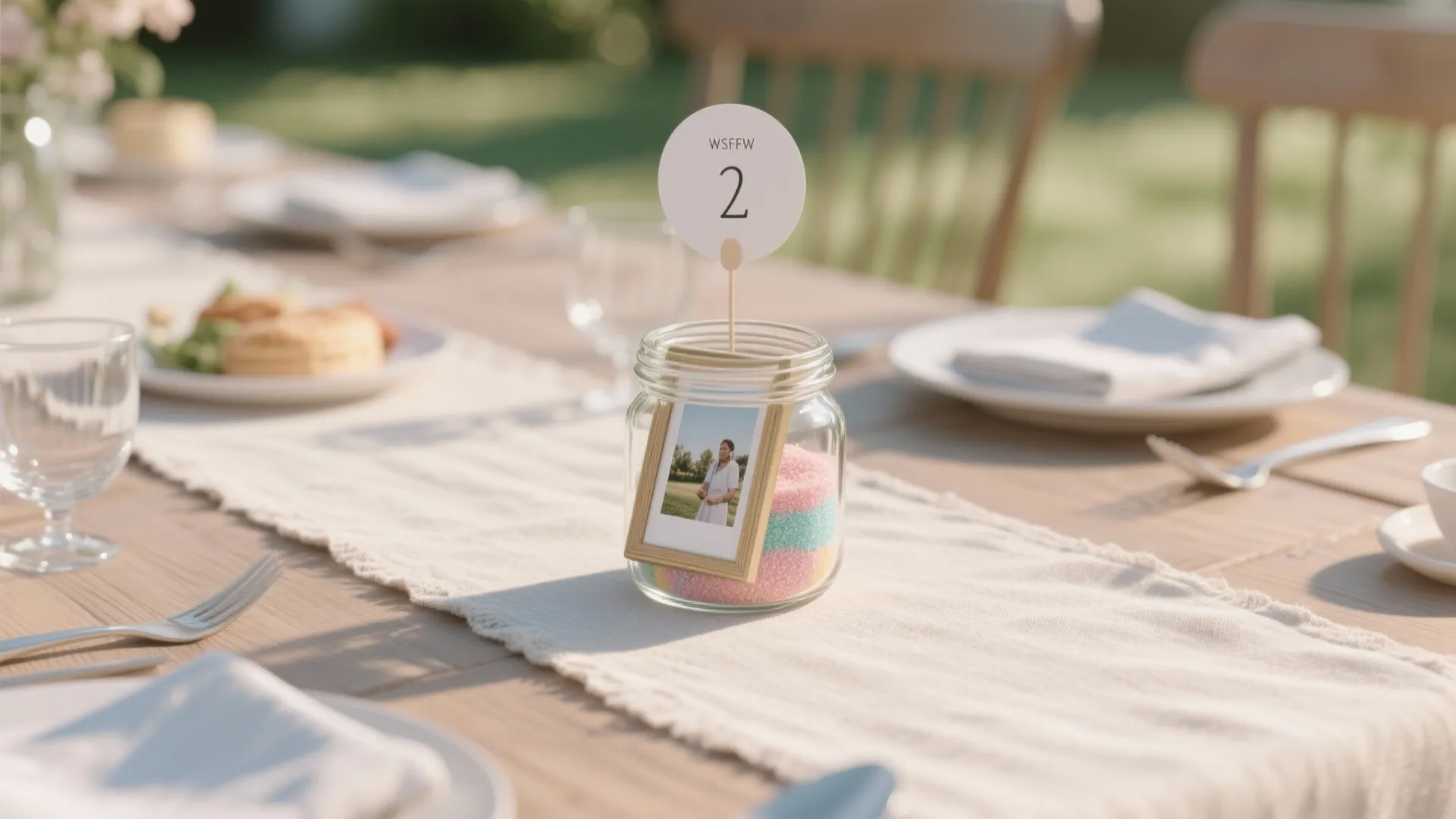 A mini photo frame placed in a jar filled with colored sand used as a freestanding table number holder.